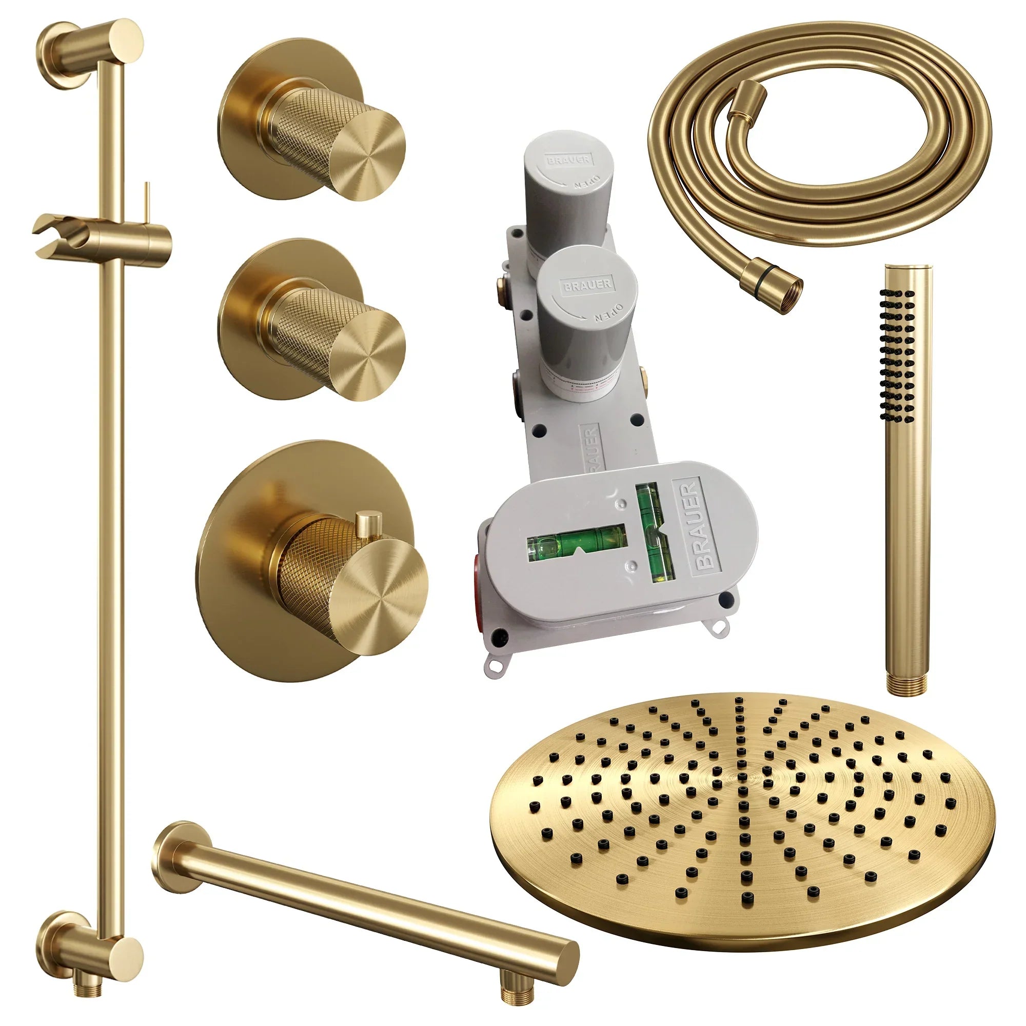Brauer Carving thermostatische inbouw doucheset - hoofddouche 30cm - rechte wandarm - staafhanddouche - Glijstang - Geborsteld Goud PVD