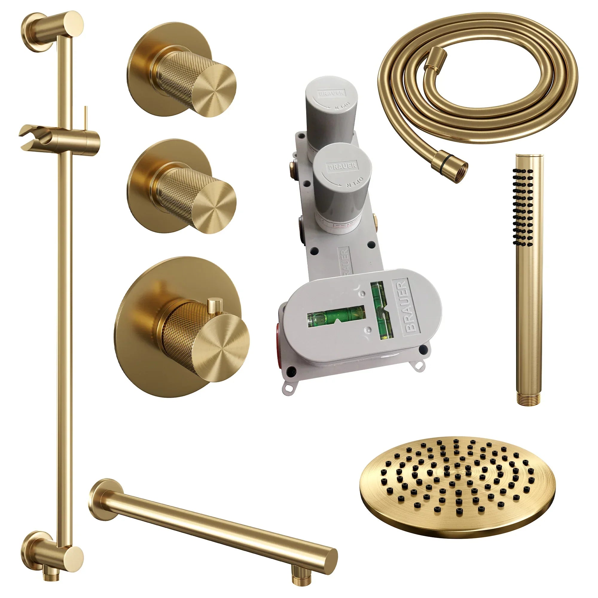 Brauer Carving thermostatische inbouw doucheset - hoofddouche 20cm - rechte wandarm - staafhanddouche - Glijstang - Geborsteld Goud PVD