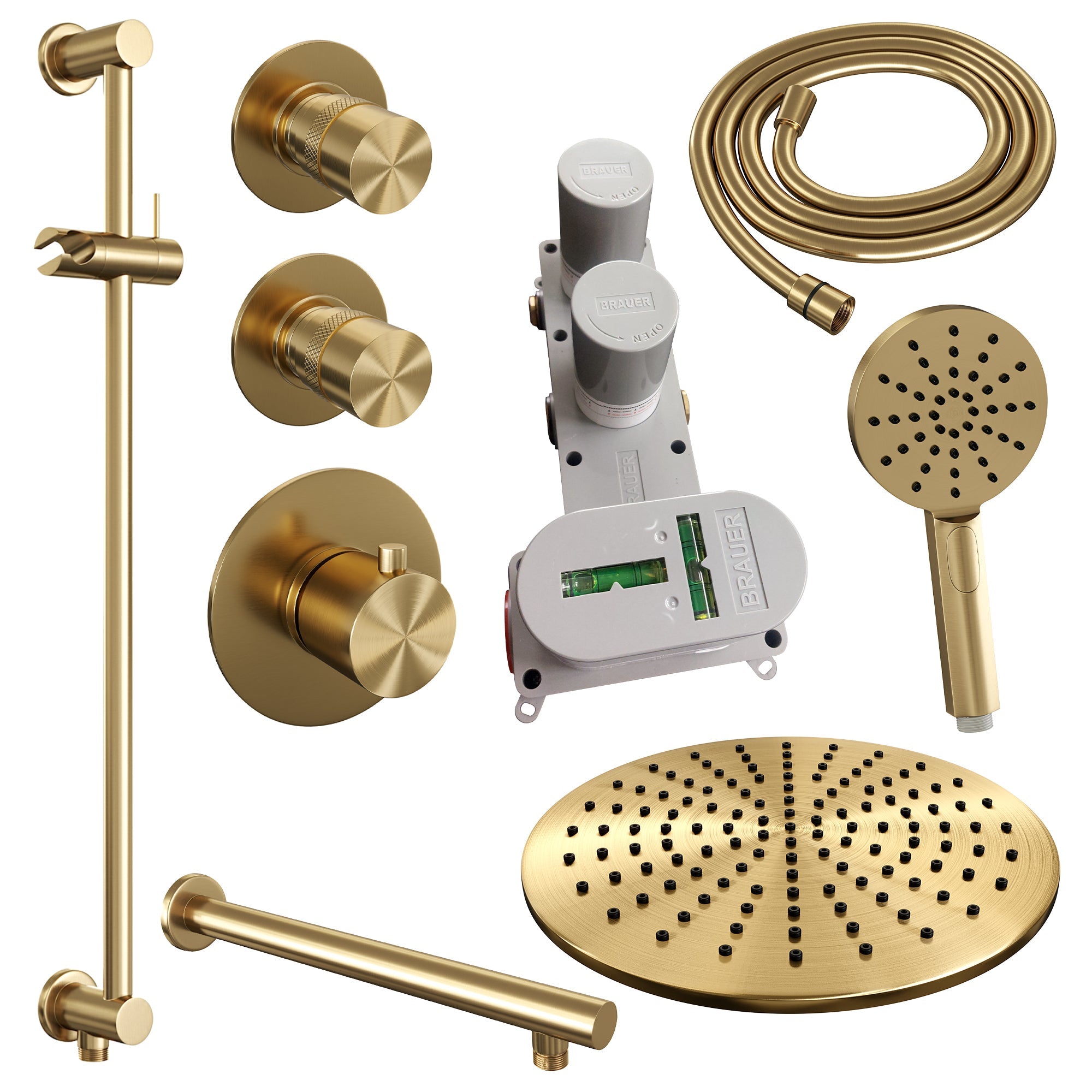Brauer Edition thermostatische inbouw doucheset - Geborsteld Goud PVD - hoofddouche 30cm - wandarm - ronde handdouche - Glijstang