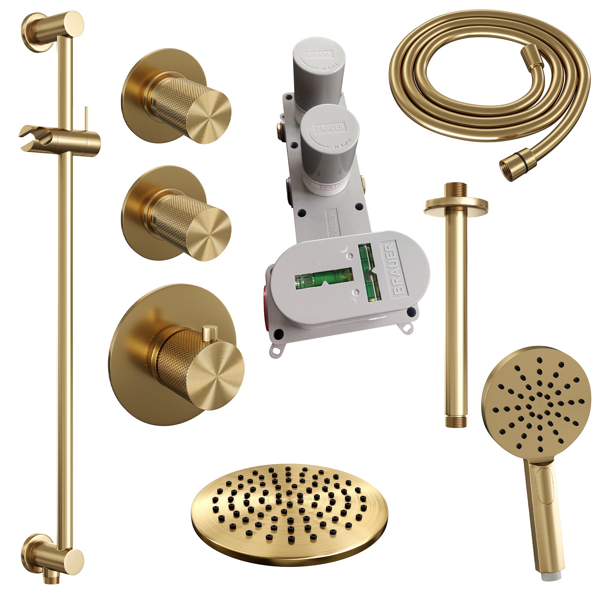 Brauer Carving thermostatische inbouw doucheset - hoofddouche 20cm - plafondbuis - 3 standen handdouche rond - Glijstang - Geborsteld Goud PVD