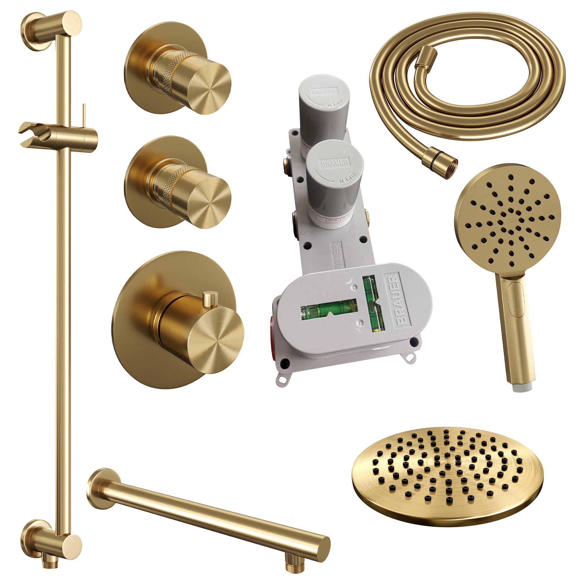 Brauer Edition thermostatische inbouw doucheset - Geborsteld Goud PVD - hoofddouche 20cm - wandarm - ronde handdouche - Glijstang