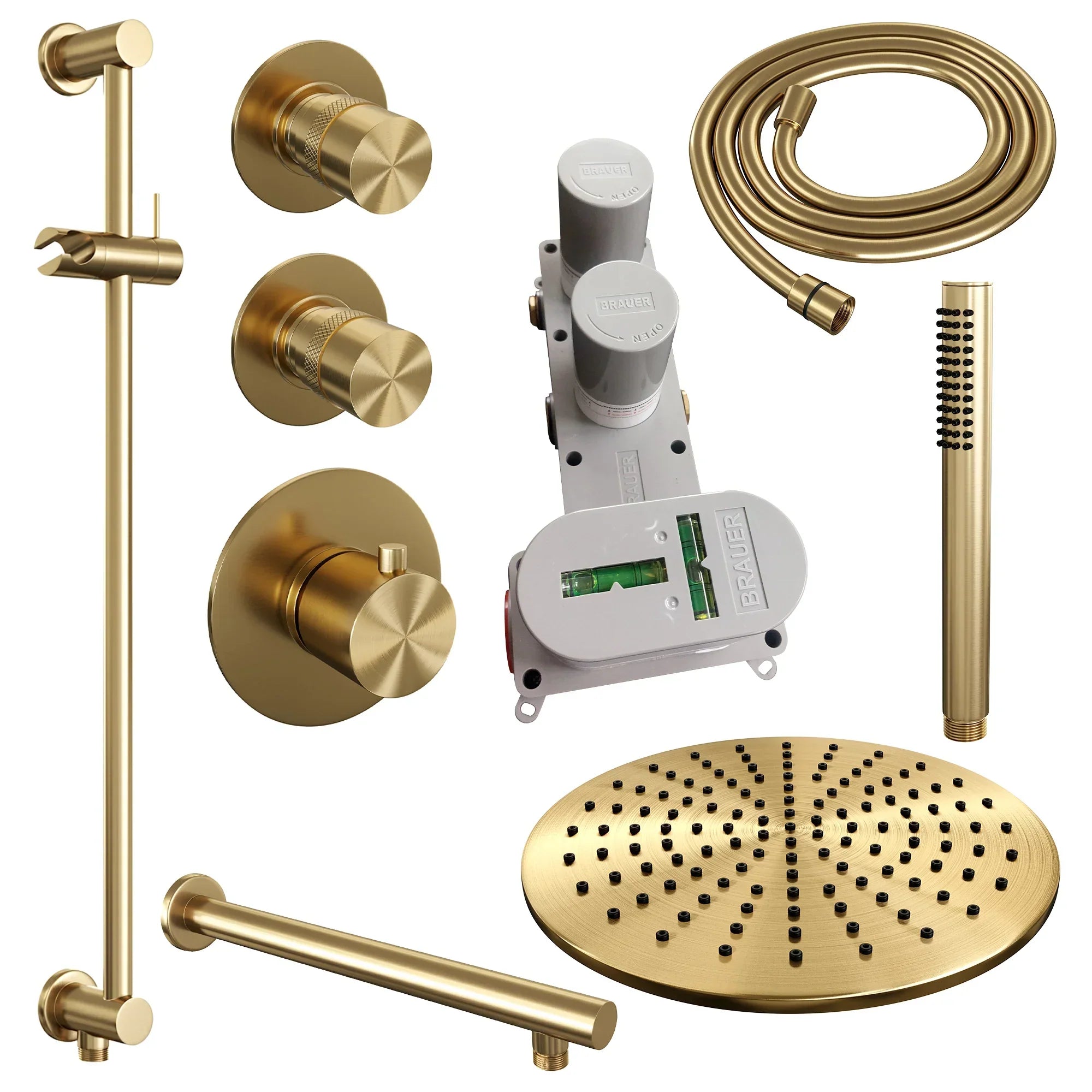Brauer Edition thermostatische inbouw doucheset - Geborsteld Goud PVD - hoofddouche 30cm - wandarm - staafhanddouche