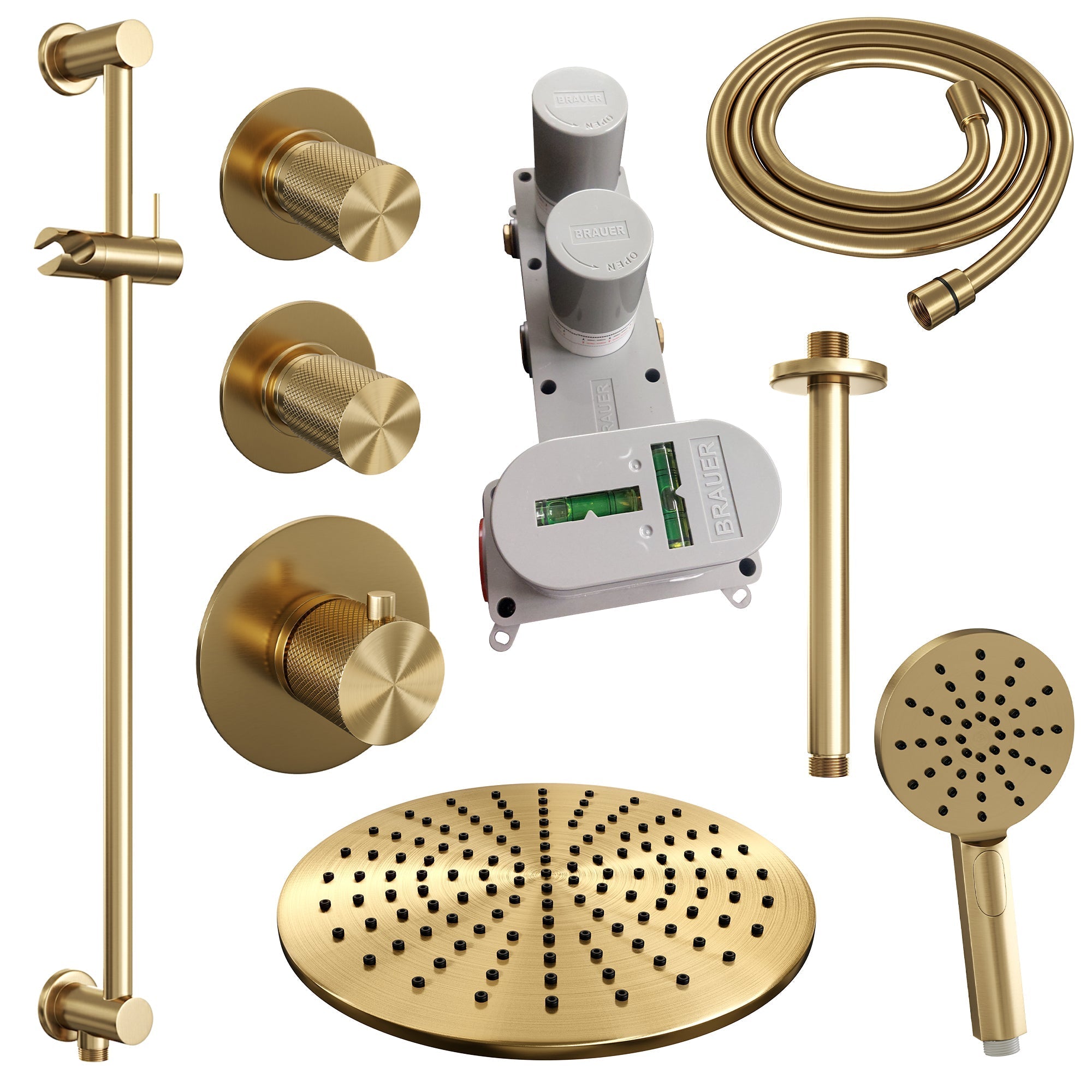 Brauer Carving thermostatische inbouw doucheset - hoofddouche 30cm - plafondbuis - 3 standen handdouche rond - Glijstang - Geborsteld Goud PVD