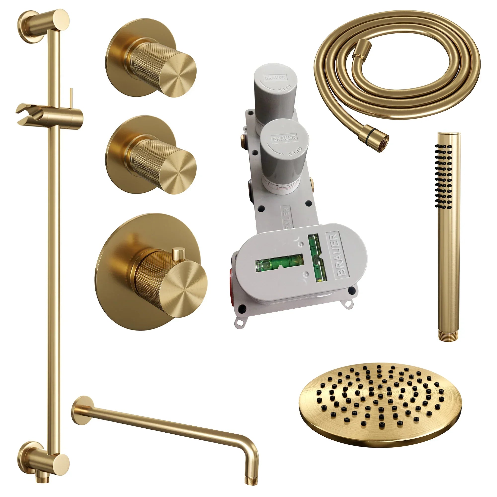 Brauer Carving thermostatische inbouw doucheset - hoofddouche 20cm - gebogen wandarm - staafhanddouche - Glijstang - Geborsteld Goud PVD