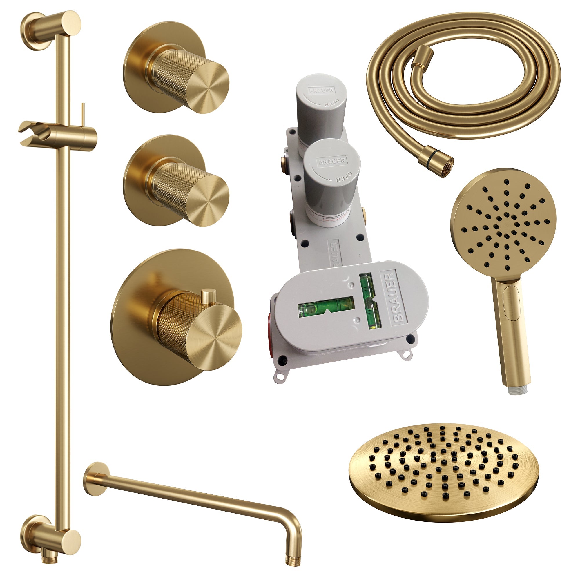 Brauer Carving thermostatische inbouw doucheset - hoofddouche 20cm - gebogen wandarm - 3 standen handdouche rond - Glijstang - Geborsteld Goud PVD