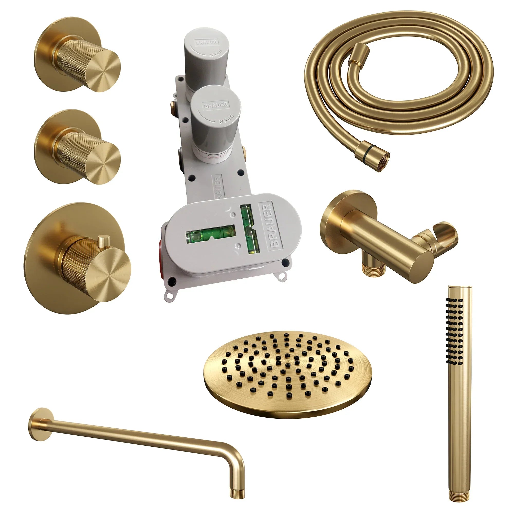 Brauer Carving thermostatische inbouw doucheset - hoofddouche 20cm - gebogen wandarm - staafhanddouche - Geborsteld Goud PVD