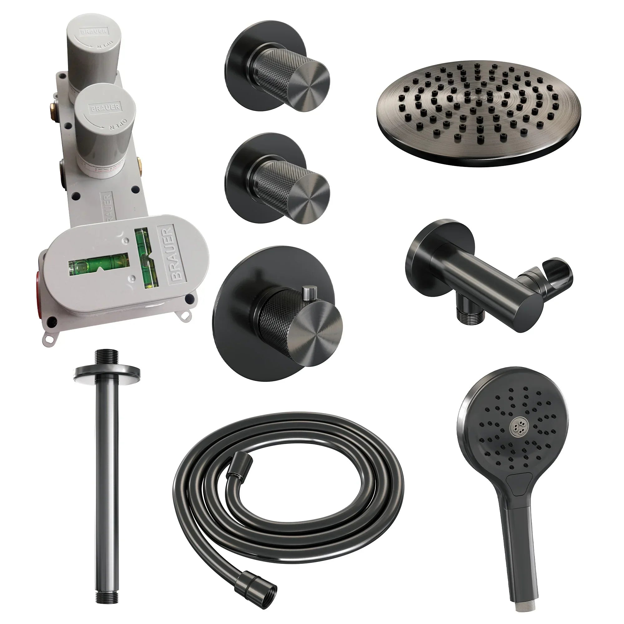 Brauer Carving thermostatische inbouw doucheset - hoofddouche 20cm - plafondbuis - 3 standen handdouche rond - Geborsteld Gunmetal PVD