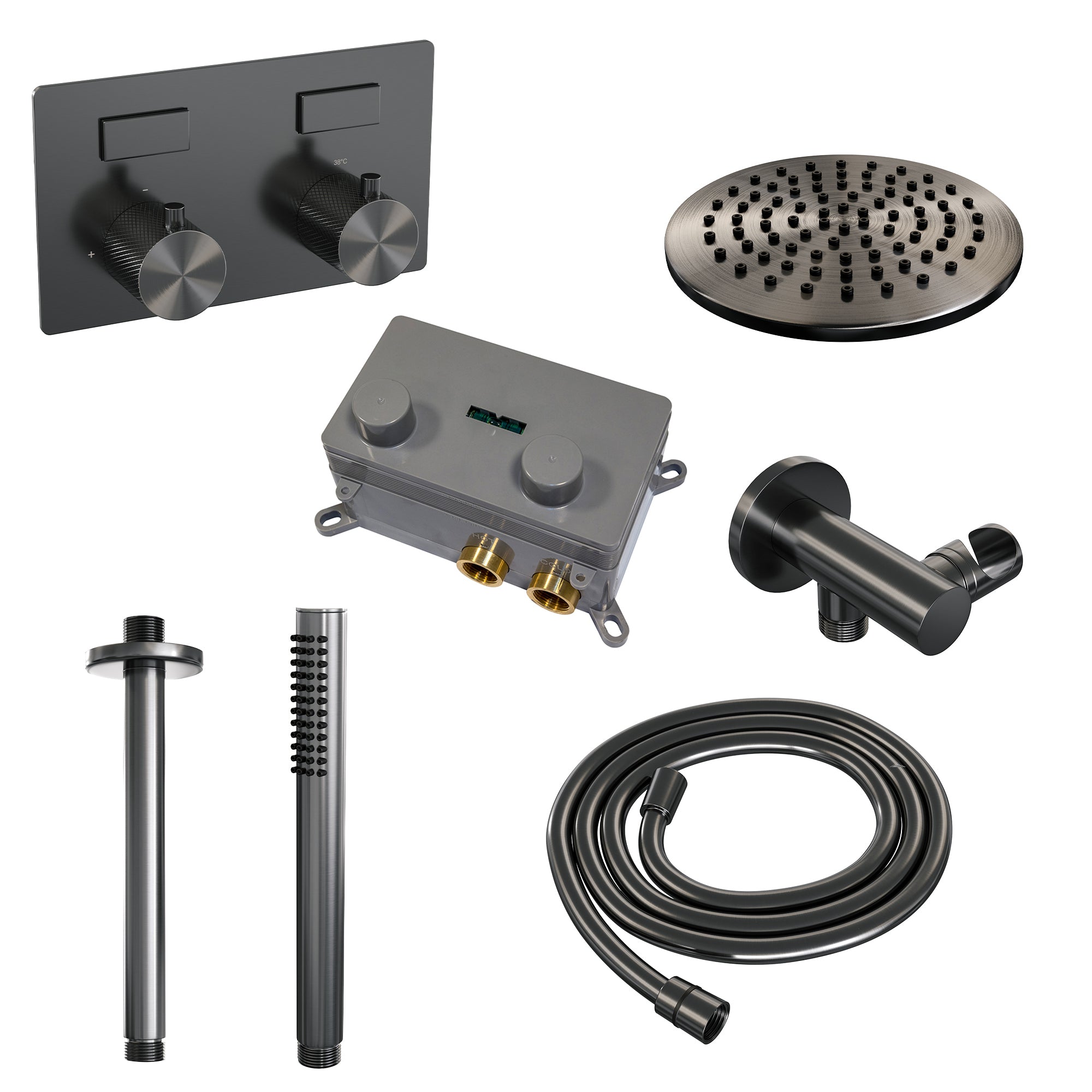 Brauer Carving inbouw doucheset - staafhanddouche - 20cm hoofdouche - plafondbuis - wandsteun - Geborsteld Gunmetal PVD