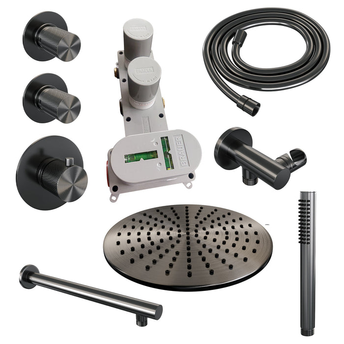 Brauer Carving thermostatische inbouw doucheset - hoofddouche 30cm - rechte wandarm - staafhanddouche - Geborsteld Gunmetal PVD