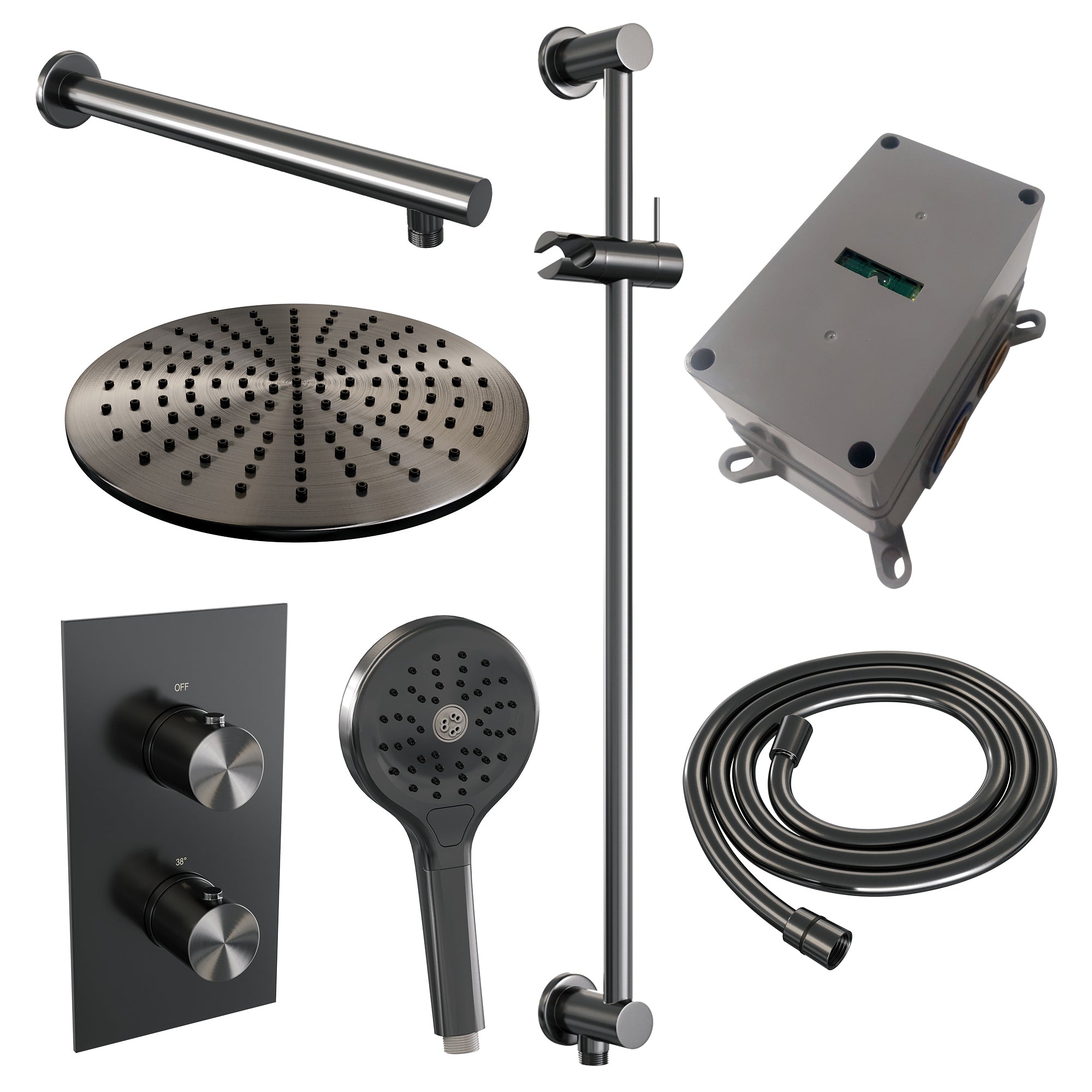 Brauer Edition inbouwset met 3-weg thermostaat - hoofddouche 30cm - rechte wandarm 40cm - ronde 3-standen handdouche - glijstang met aansluitbocht - Geborsteld Gunmetal PVD