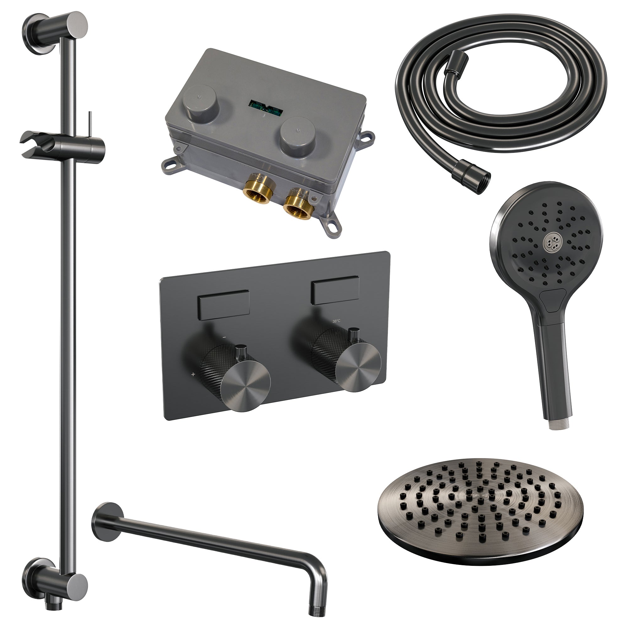 Brauer Carving inbouw doucheset - ronde handdouche - 20cm hoofdouche - gebogen wandarm - glijstang - Geborsteld Gunmetal PVD