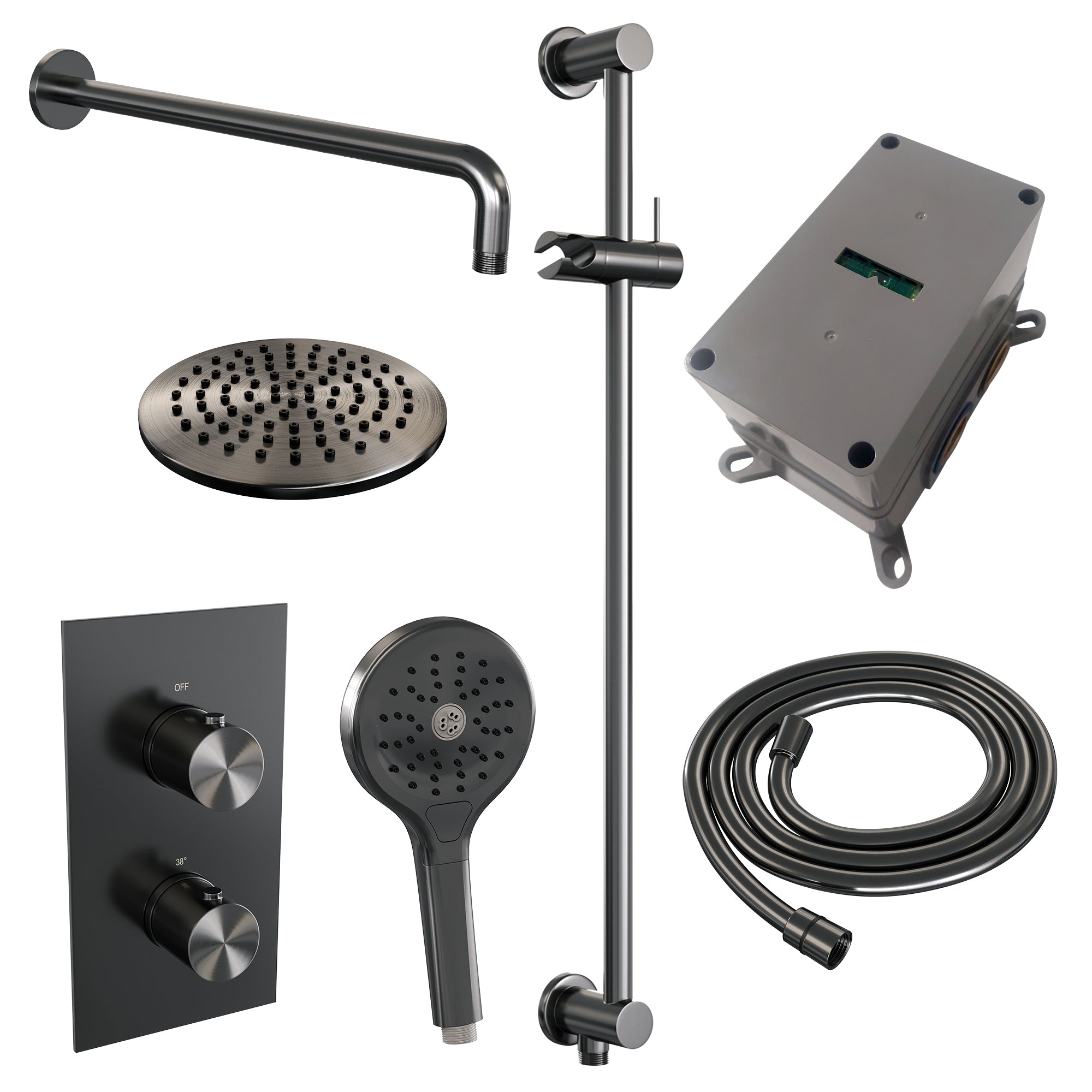 Brauer Edition inbouwset met 3-weg thermostaat - hoofddouche 20cm - gebogen wandarm 40cm - ronde 3-standen handdouche - glijstang met aansluitbocht - Geborsteld Gunmetal PVD