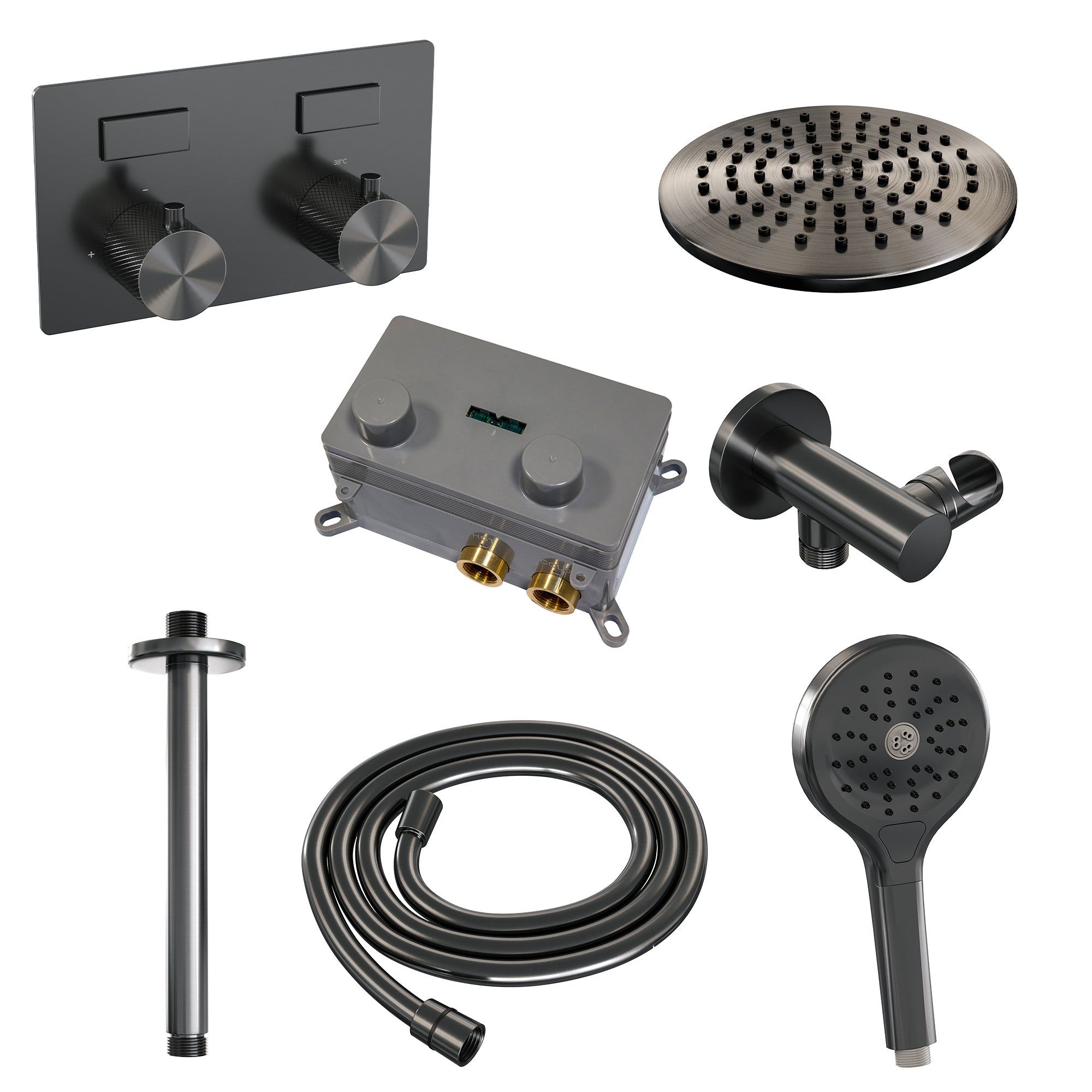 Brauer Carving inbouw doucheset - ronde handdouche - 20cm hoofdouche - plafondbuis - wandsteun - Geborsteld Gunmetal PVD