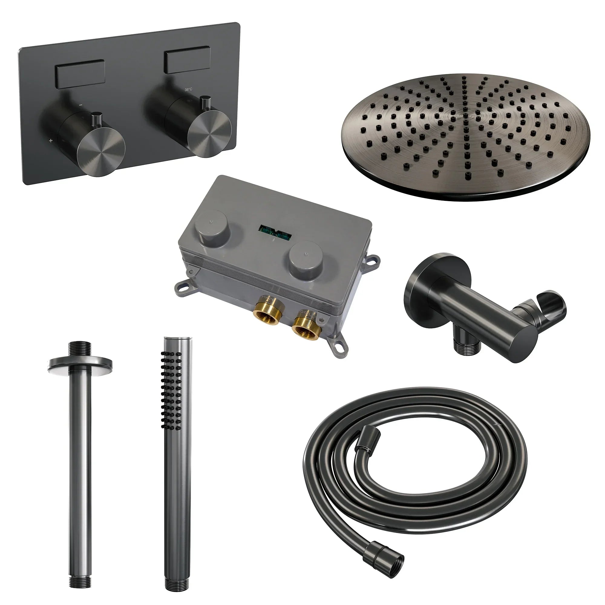Brauer Edition inbouw doucheset - staafhanddouche - 30cm hoofdouche - plafondbuis - wandsteun - Geborsteld Gunmetal PVD