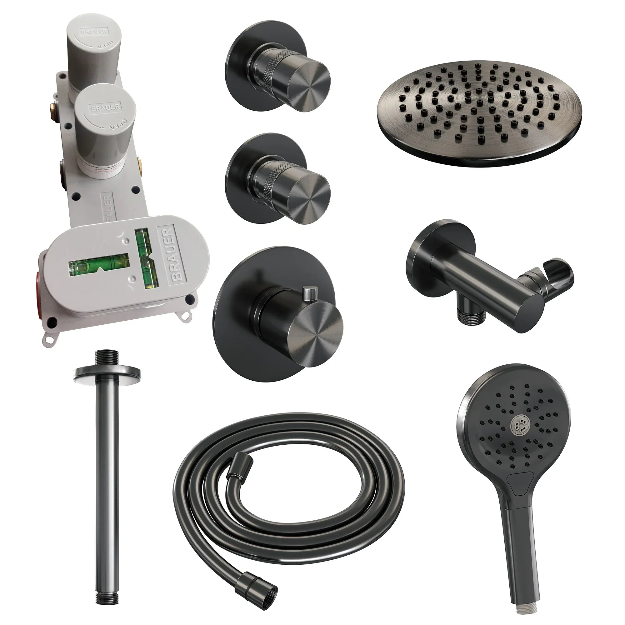 Brauer Edition thermostatische inbouw doucheset - Geborsteld Gunmetal PVD - hoofddouche 20cm - plafondsteun - ronde handdouche