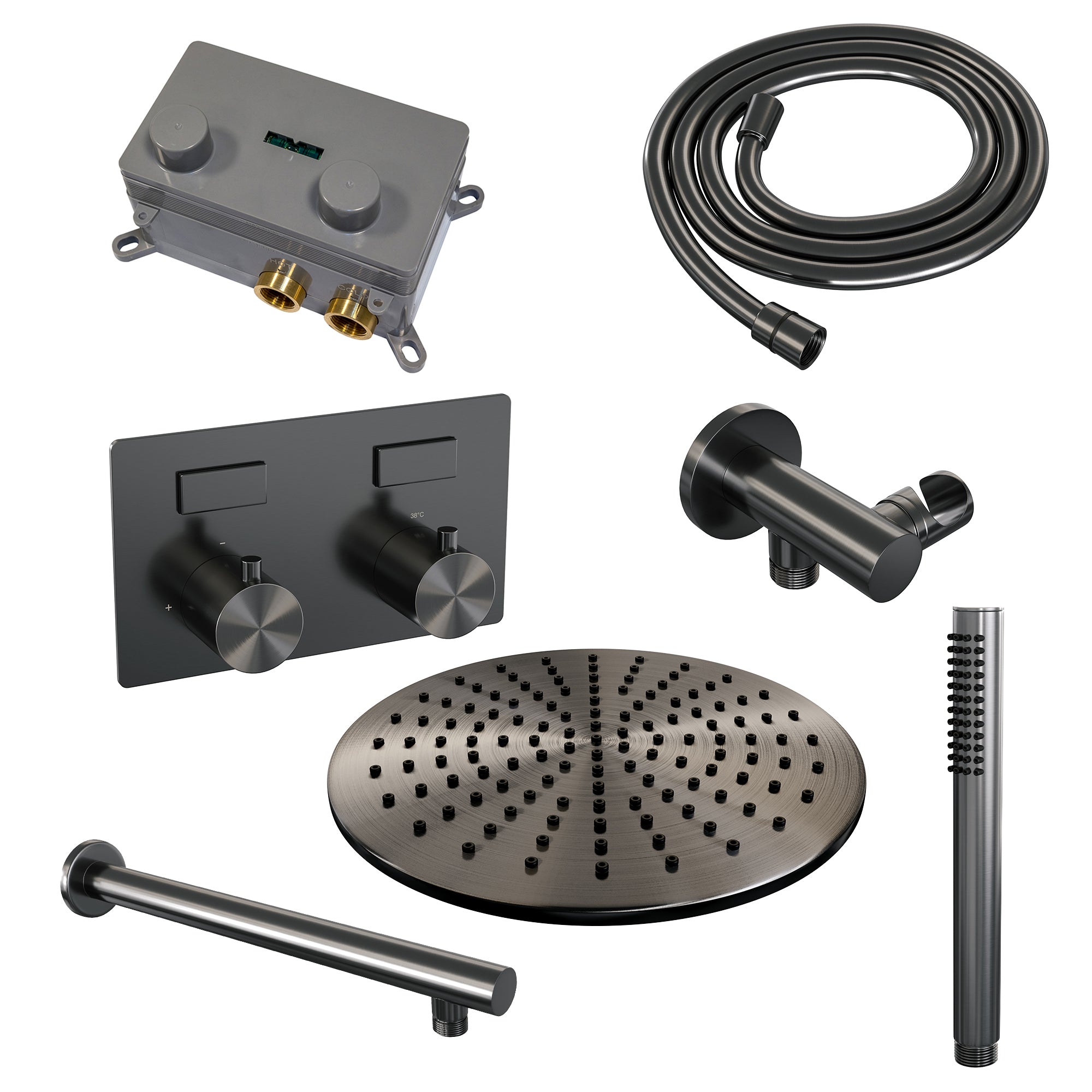 Brauer Edition inbouw doucheset - staafhanddouche - 30cm hoofdouche - rechte wandarm - wandsteun - Geborsteld Gunmetal PVD