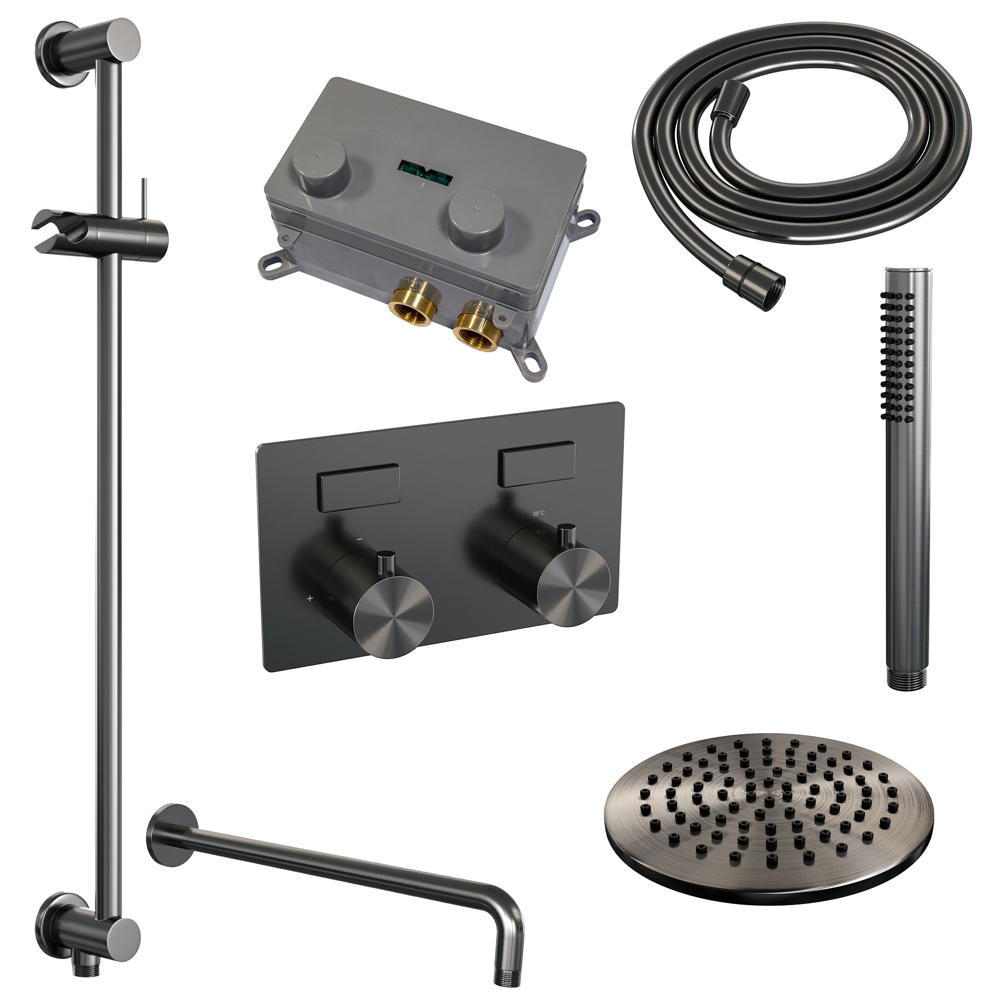 Brauer Carving inbouw doucheset - staafhanddouche - 30cm hoofdouche - gebogen wandarm - glijstang - Geborsteld Gunmetal PVD