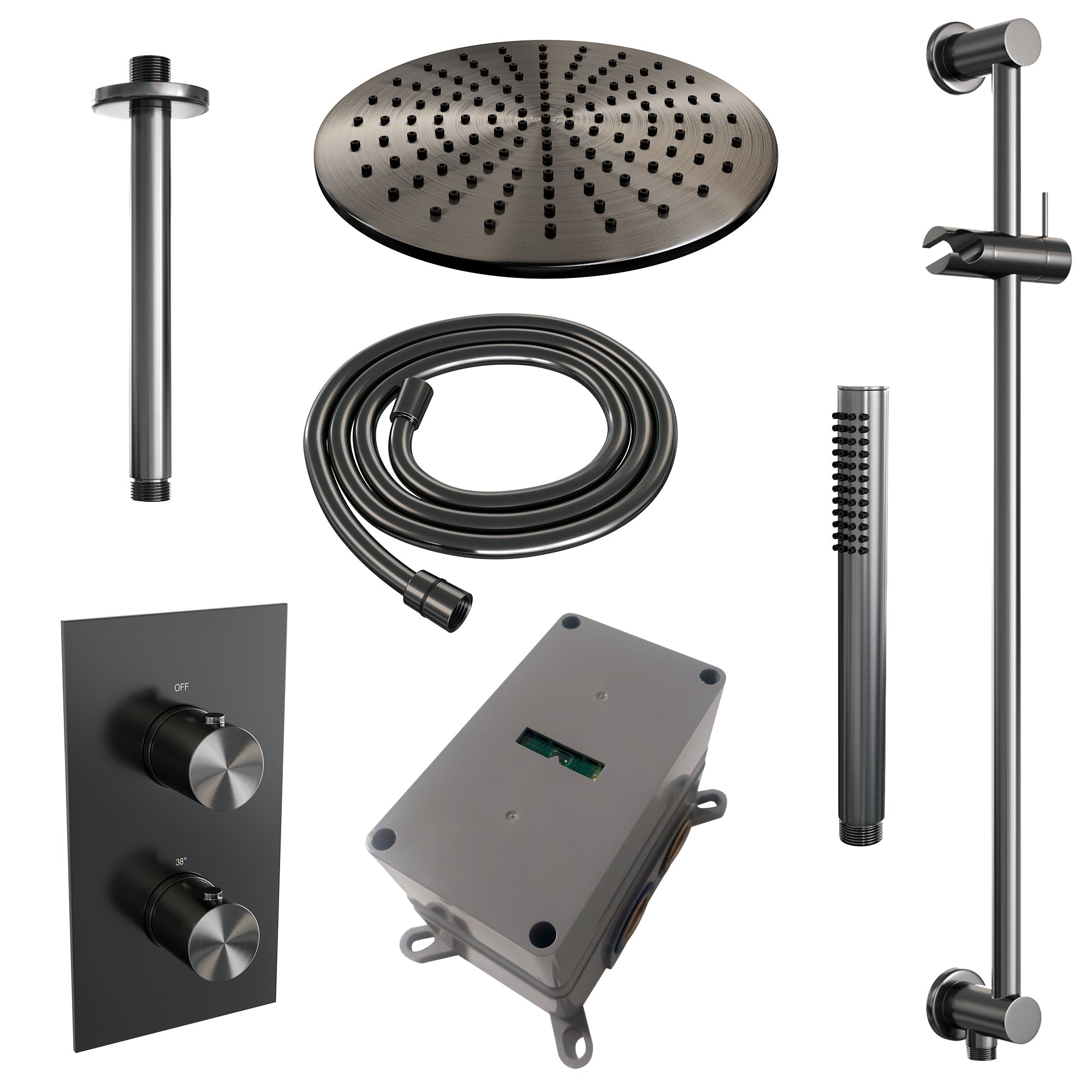 Brauer Edition inbouwset met 3-weg thermostaat - hoofddouche 20cm - plafondbuis 20cm - staafhanddouche - glijstang met aansluitbocht - Geborsteld Gunmetal PVD