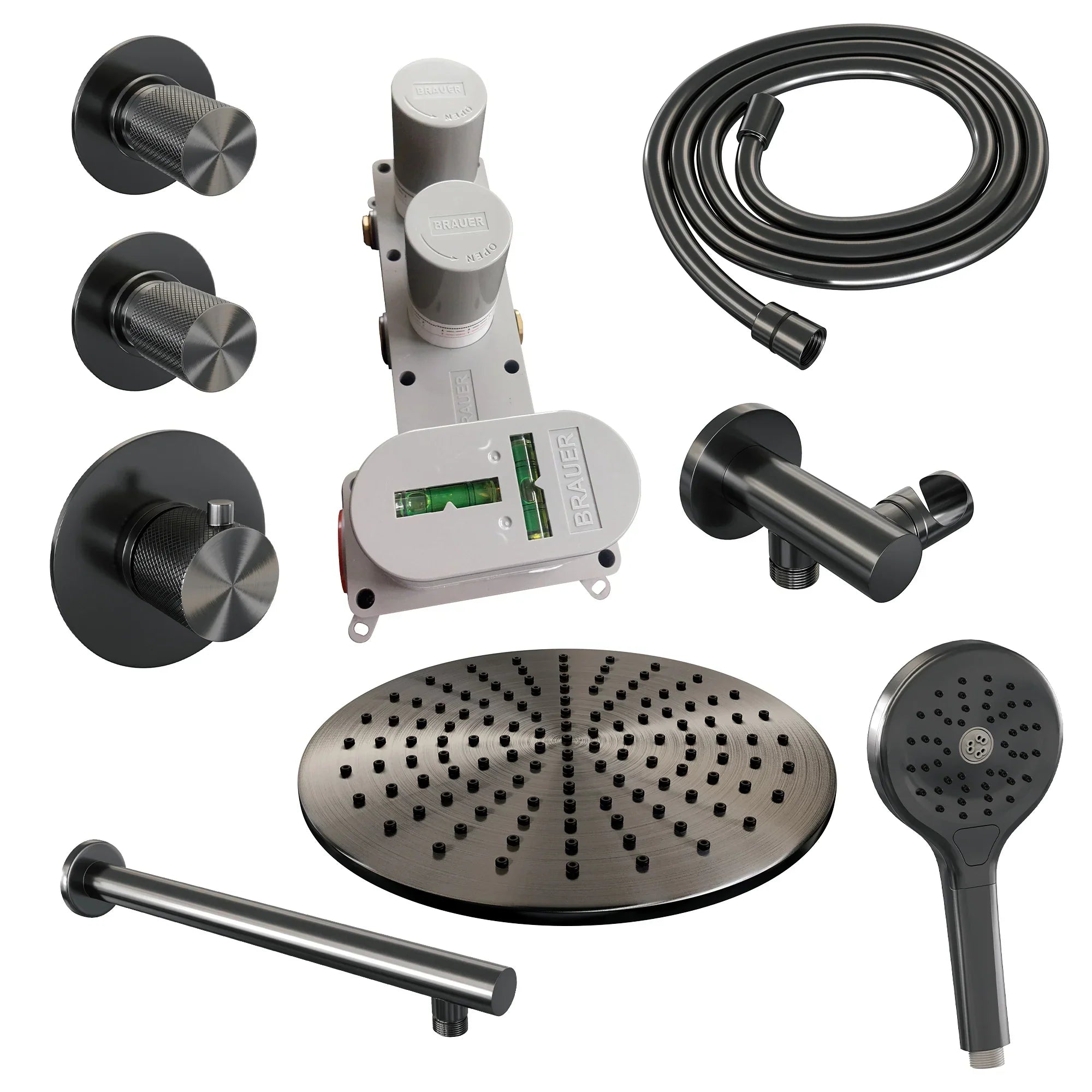 Brauer Carving thermostatische inbouw doucheset - hoofddouche 30cm - rechte wandarm - 3 standen handdouche rond - Geborsteld Gunmetal PVD