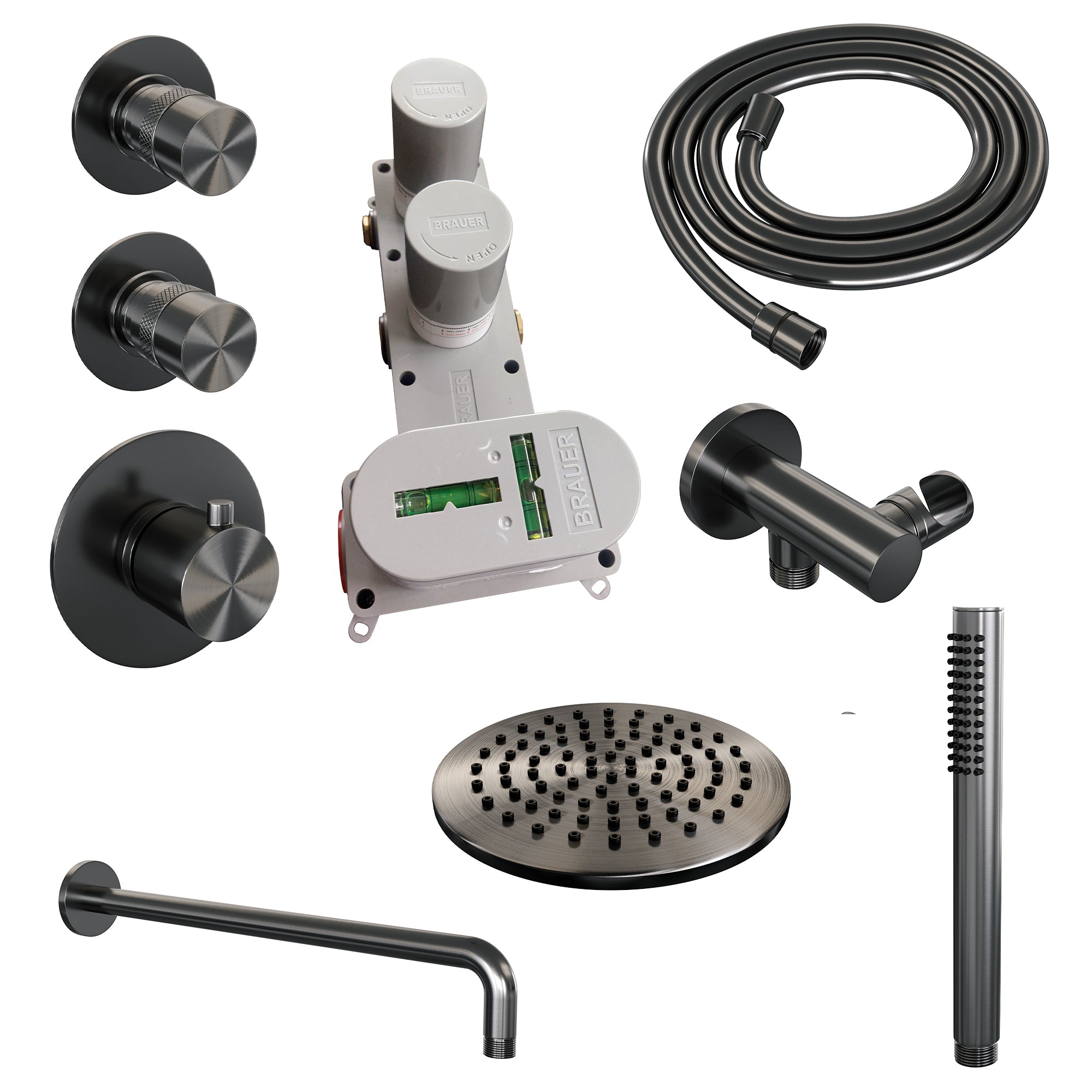 Brauer Edition thermostatische inbouw doucheset - hoofddouche 20cm - wandarm gebogen - staafhanddouche - Geborsteld Gunmetal PVD