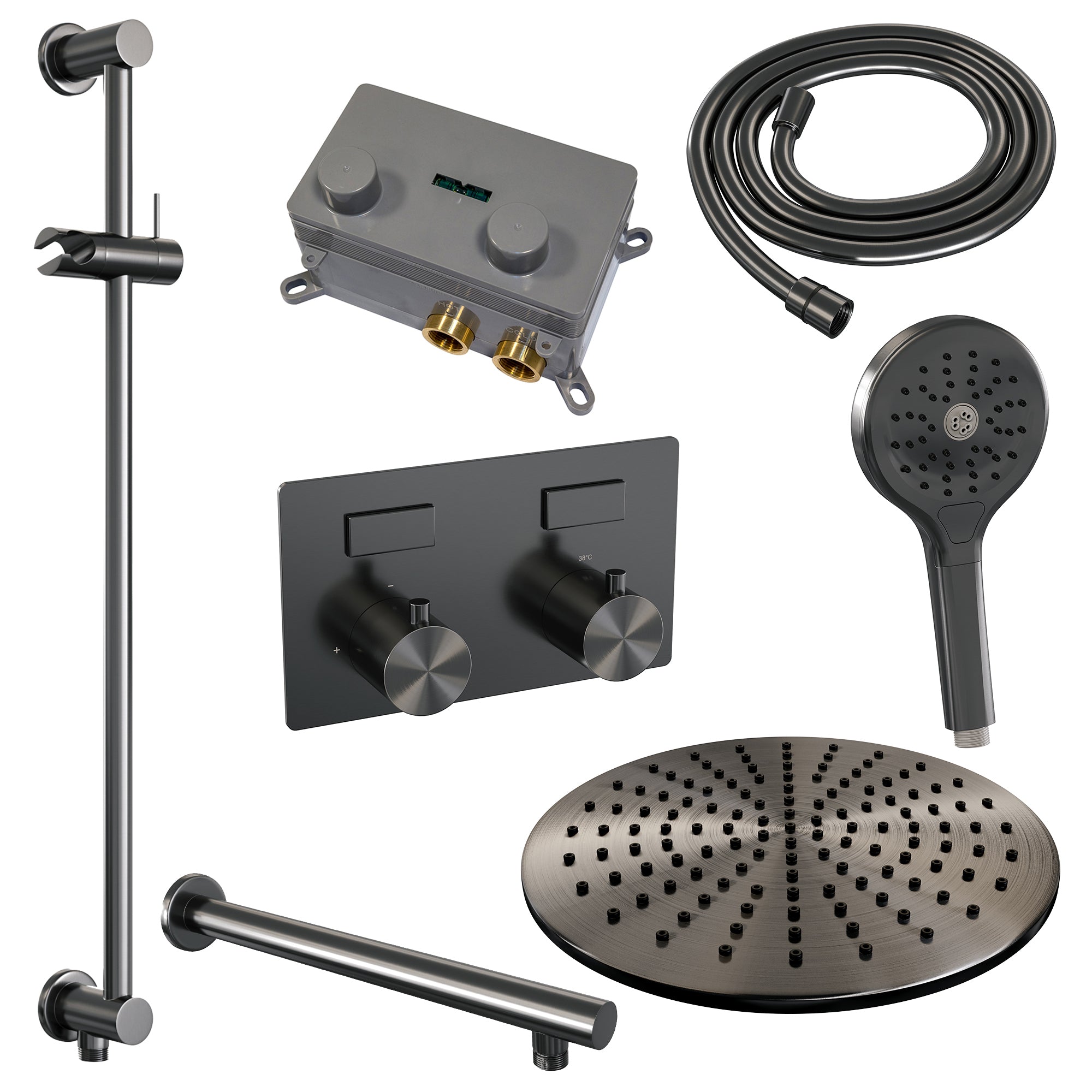 Brauer Edition inbouw doucheset - ronde handdouche - 30cm hoofdouche - rechte wandarm - glijstang - Geborsteld Gunmetal PVD