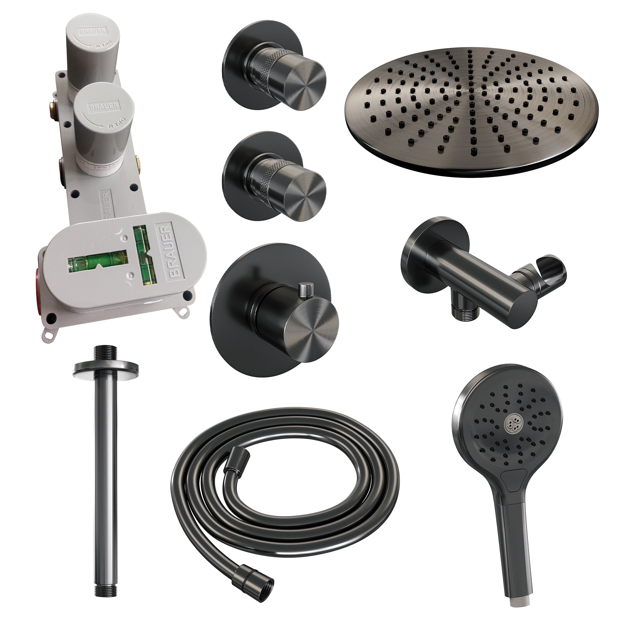 Brauer Edition thermostatische inbouw doucheset - Geborsteld Gunmetal PVD - hoofddouche 30cm - plafondsteun - ronde handdouche