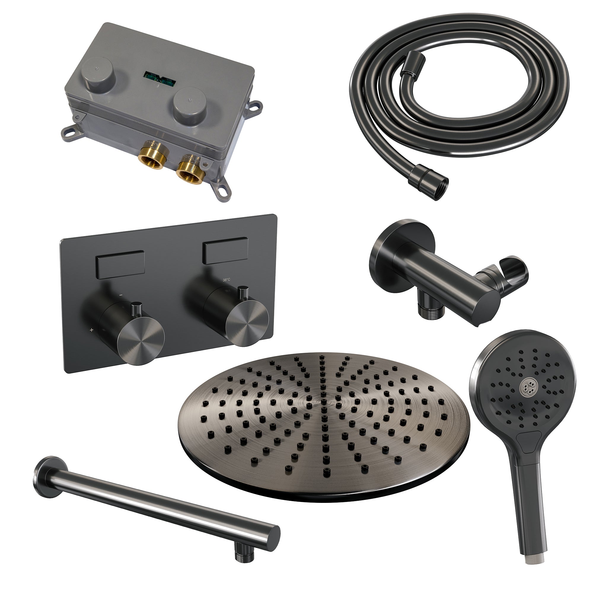 Brauer Edition inbouw doucheset - ronde handdouche - 30cm hoofdouche - rechte wandarm - wandsteun - Geborsteld Gunmetal PVD