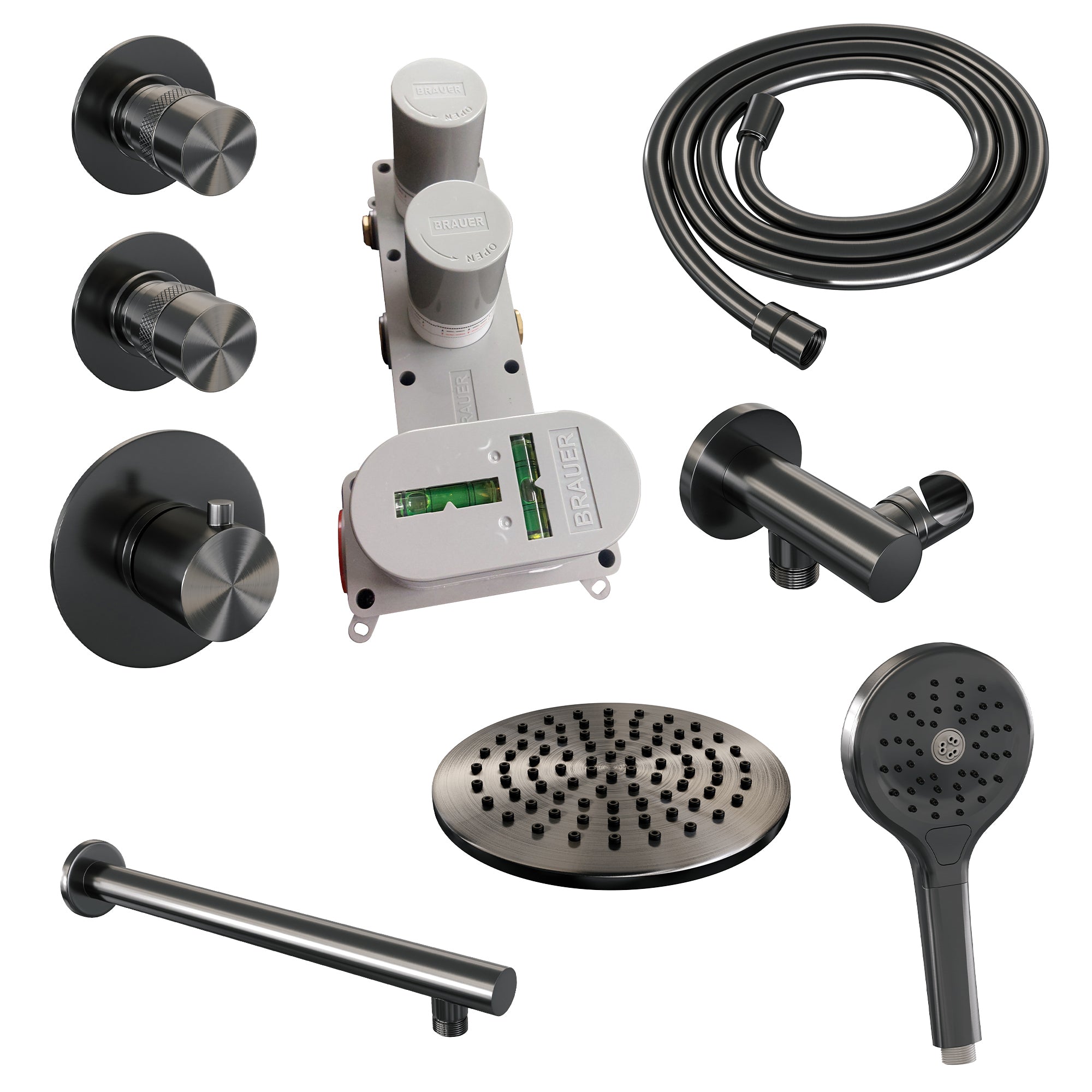 Brauer Edition thermostatische inbouw doucheset - Geborsteld Gunmetal PVD - hoofddouche 20cm - wandarm - ronde handdouche
