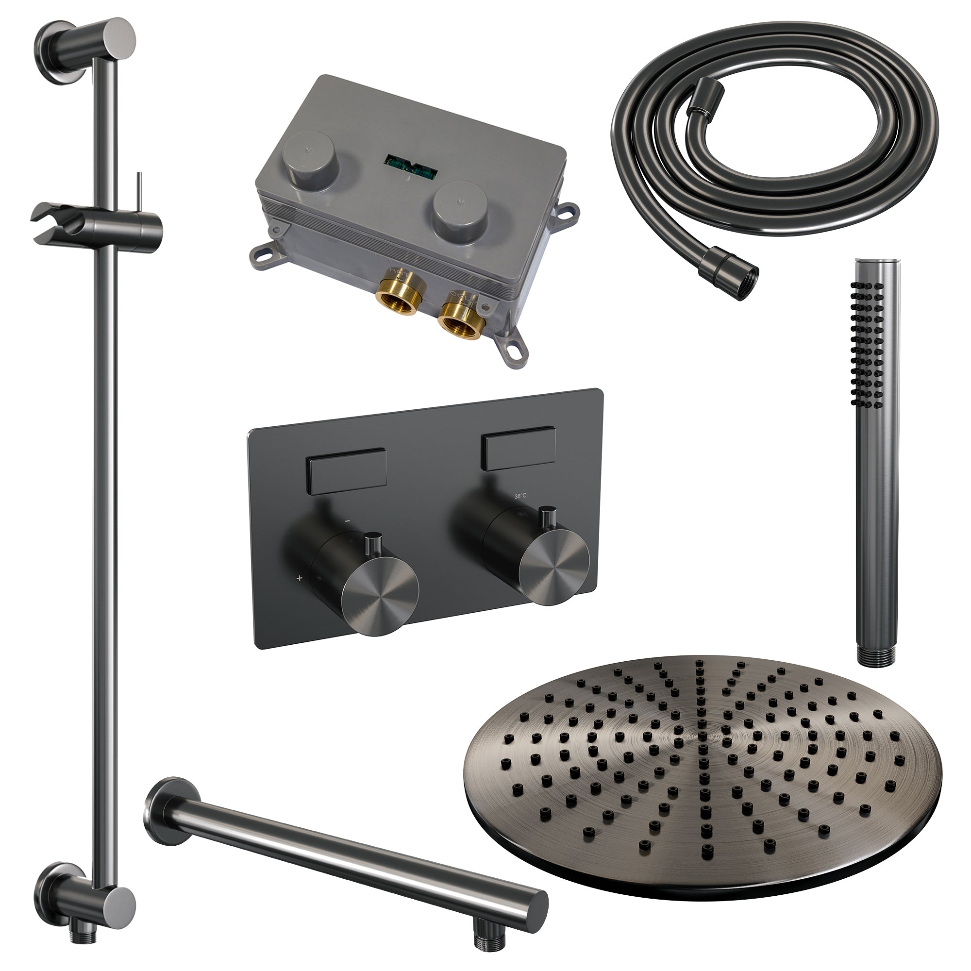 Brauer Edition inbouw doucheset - staafhanddouche - 30cm hoofdouche - rechte wandarm - glijstang - Geborsteld Gunmetal PVD