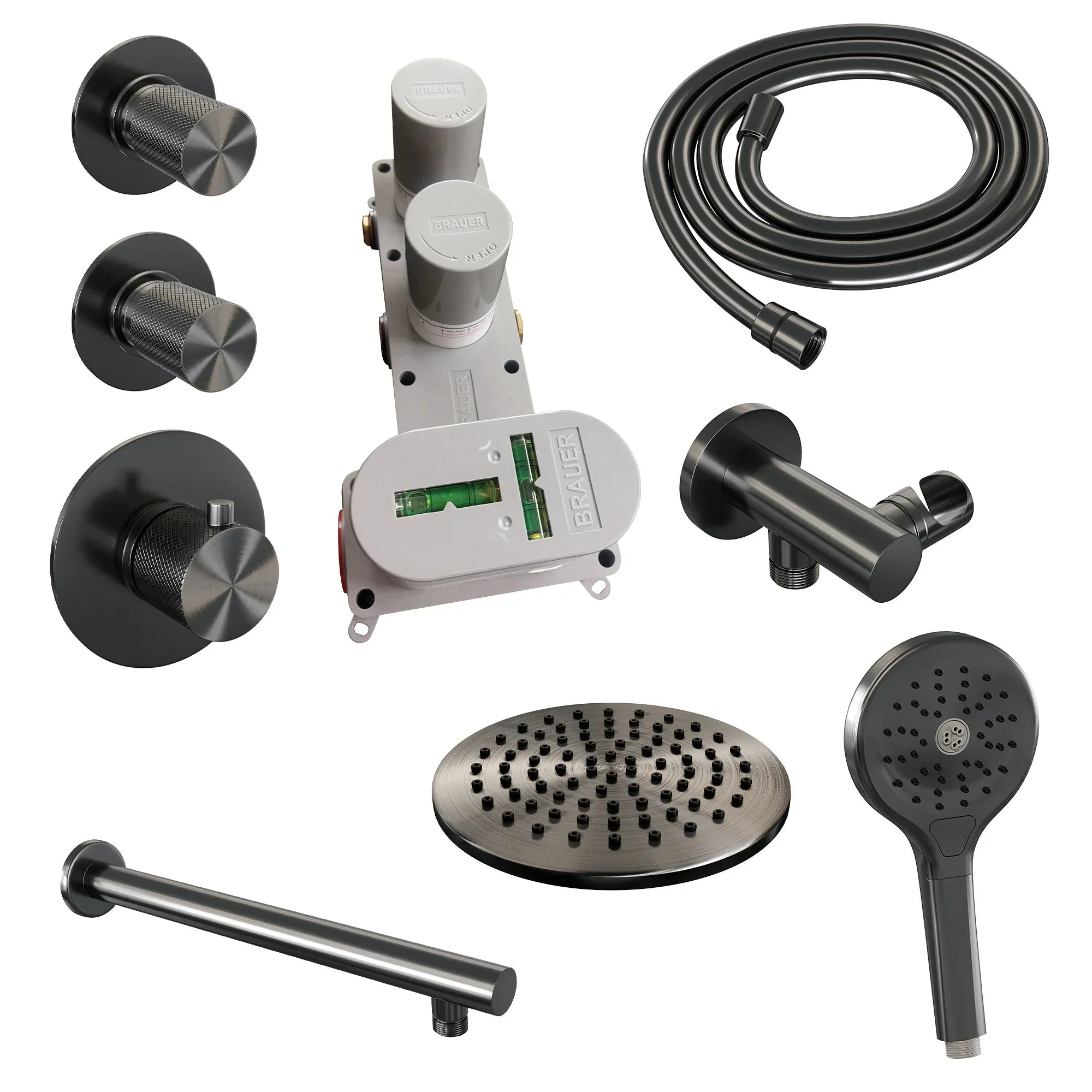 Brauer Carving thermostatische inbouw doucheset - hoofddouche 20cm - rechte wandarm - 3 standen handdouche rond - Geborsteld Gunmetal PVD