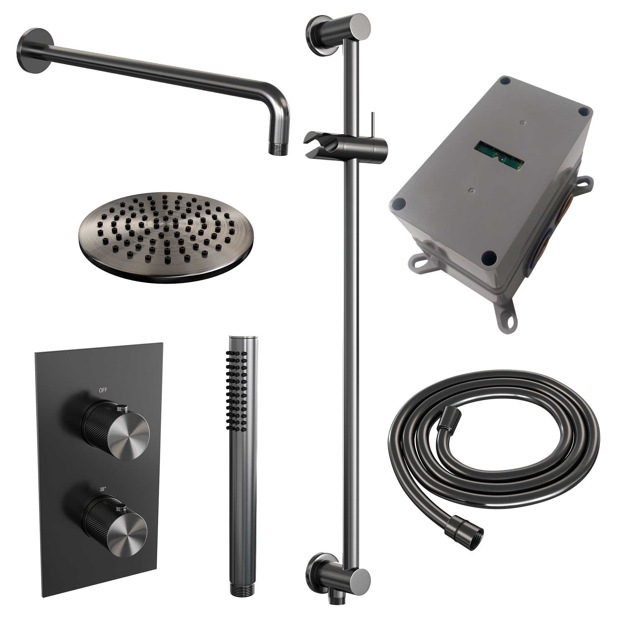 Brauer Carving inbouwset met 3-weg thermostaat - hoofddouche 20cm - gebogen wandarm 40cm - staafhanddouche - glijstang met aansluitbocht - Geborsteld Gunmetal PVD
