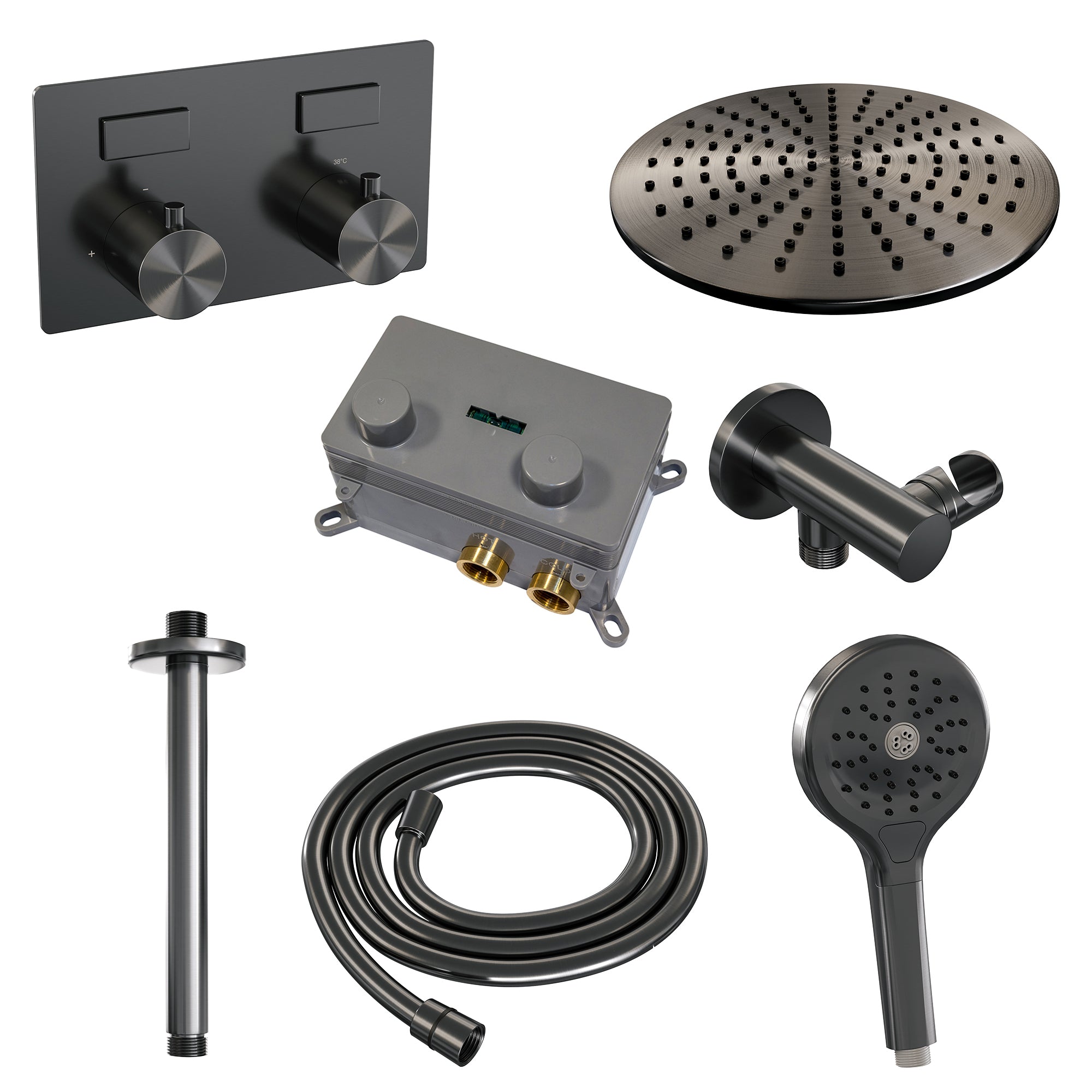Brauer Edition inbouw doucheset - ronde handdouche - 30cm hoofdouche - plafondbuis - wandsteun - Geborsteld Gunmetal PVD
