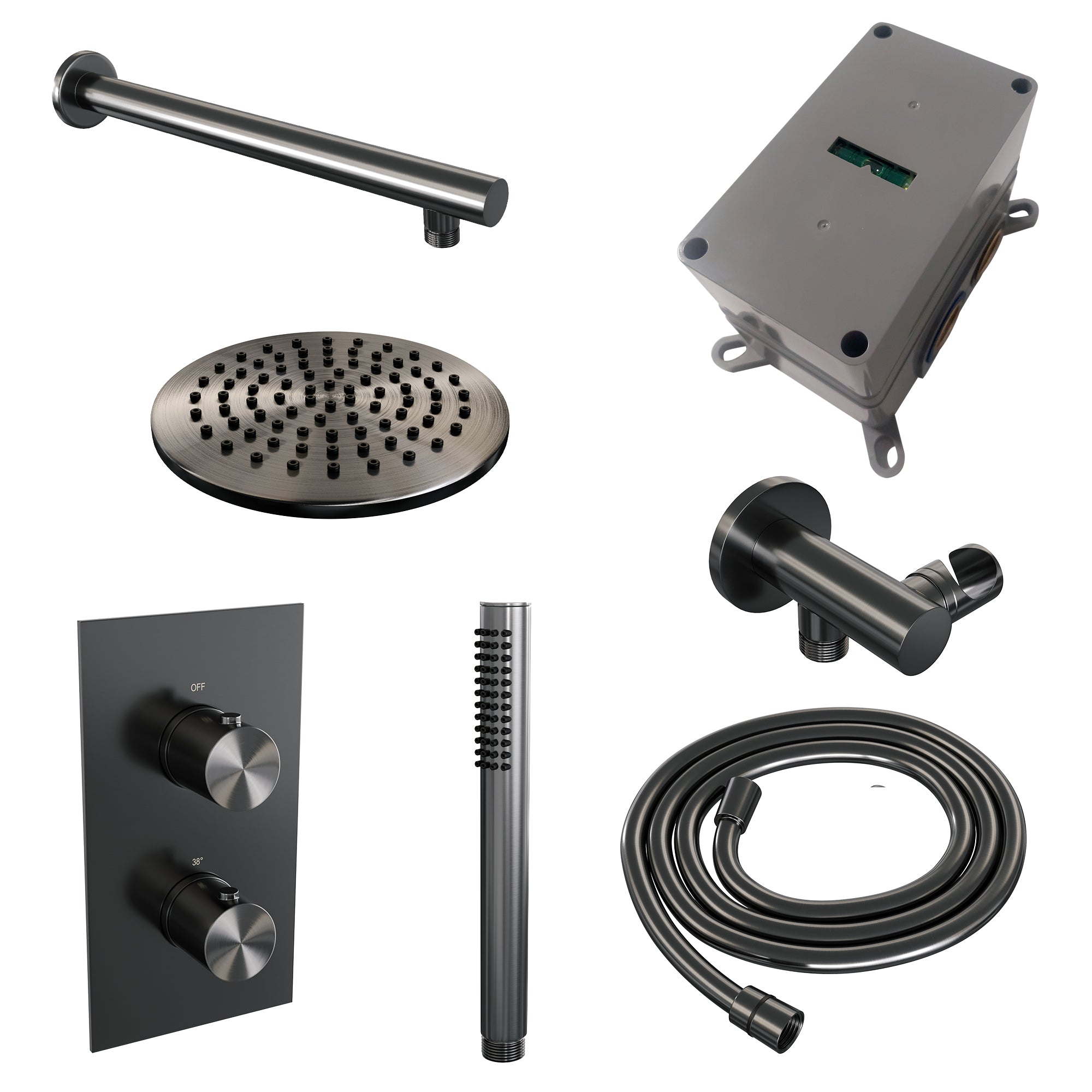 Brauer Edition inbouwset met 3-weg thermostaat - hoofddouche 20cm - rechte wandarm 40cm - staafhanddouche - wandaansluiting - Geborsteld Gunmetal PVD