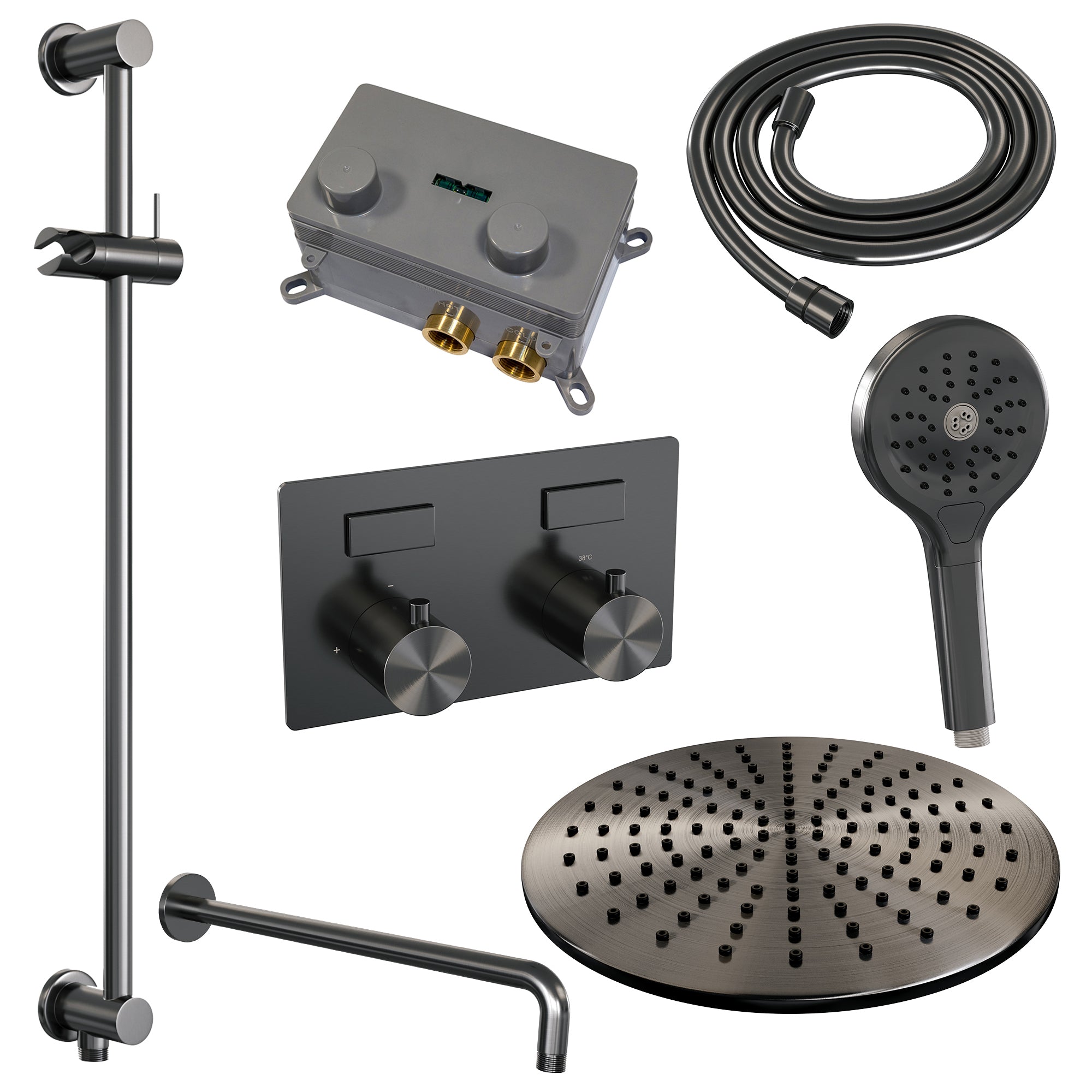 Brauer Edition inbouw doucheset - ronde handdouche - 30cm hoofdouche - gebogen wandarm - glijstang - Geborsteld Gunmetal PVD