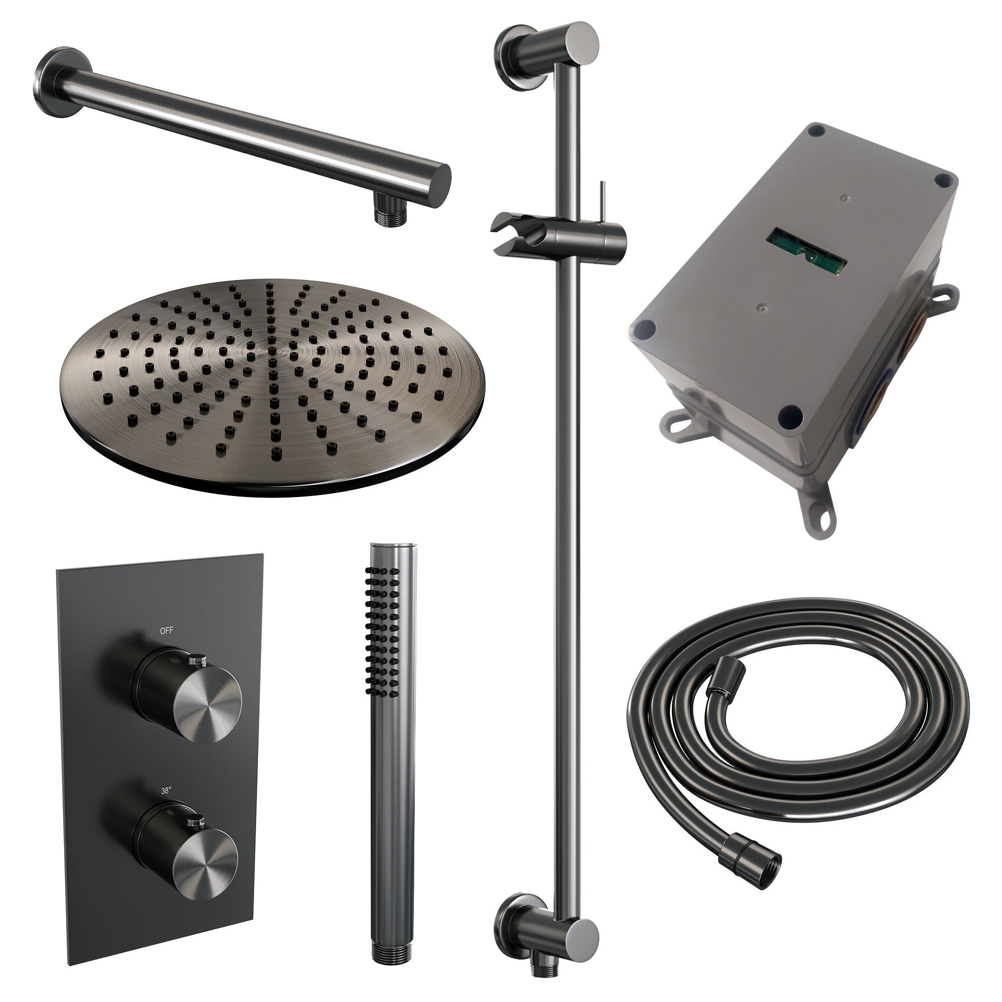Brauer Edition inbouwset met 3-weg thermostaat - hoofddouche 30cm - rechte wandarm 40cm - staafhanddouche - glijstang met aansluitbocht - Geborsteld Gunmetal PVD