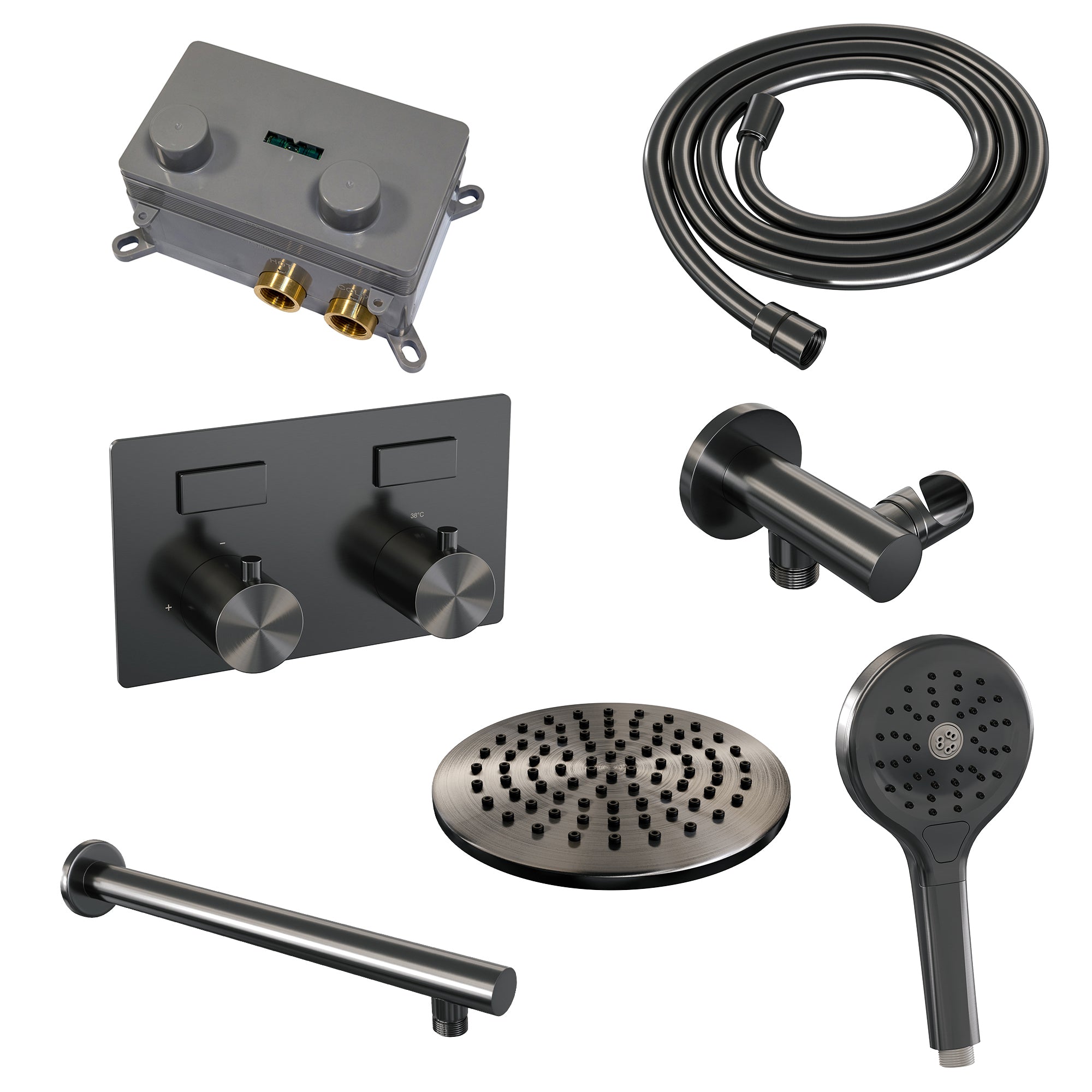 Brauer Edition inbouw doucheset - ronde handdouche - 20cm hoofdouche - rechte wandarm - wandsteun - Geborsteld Gunmetal PVD