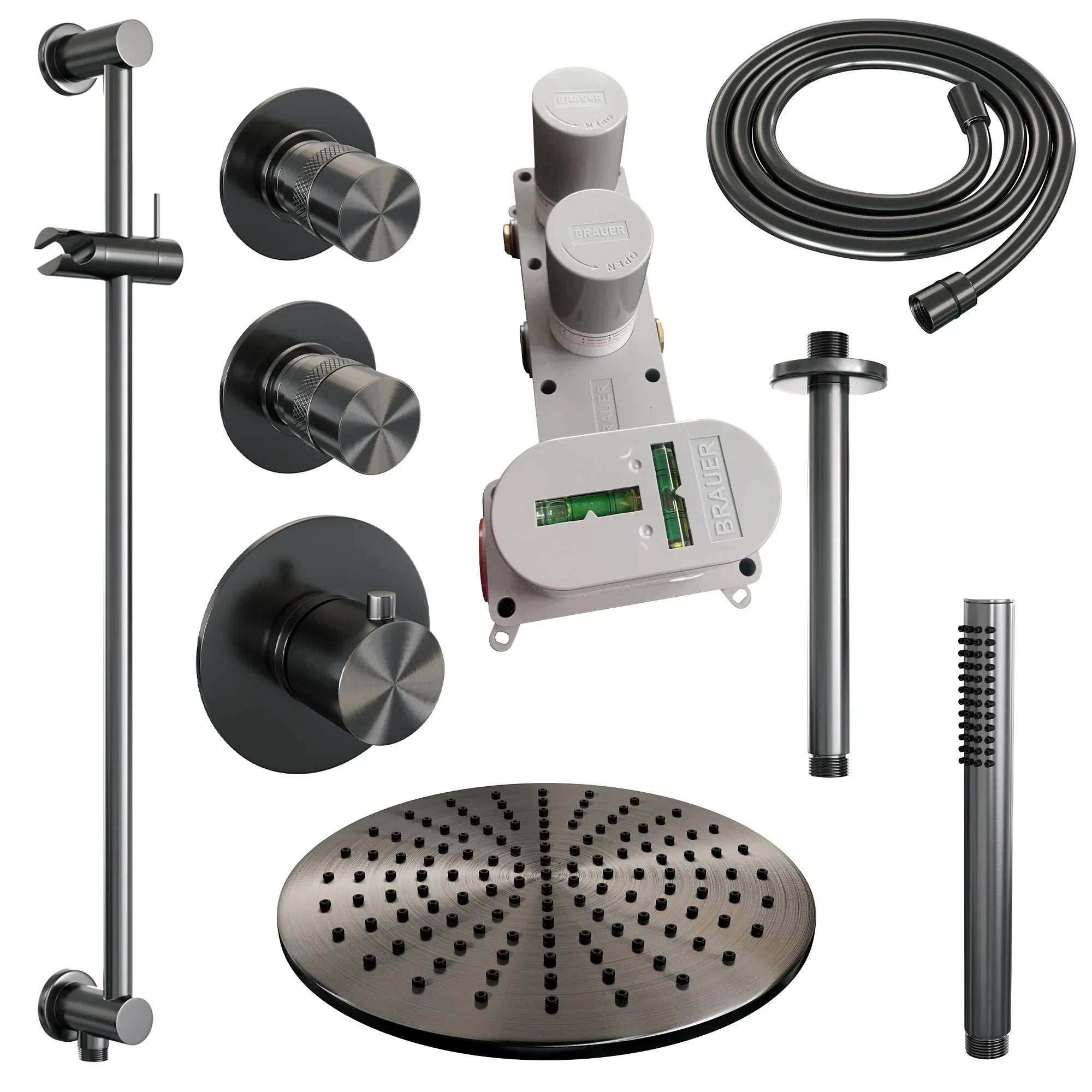 Brauer Edition thermostatische inbouw doucheset - Geborsteld Gunmetal PVD - hoofddouche 30cm - plafondsteun - staafhanddouche - Glijstang