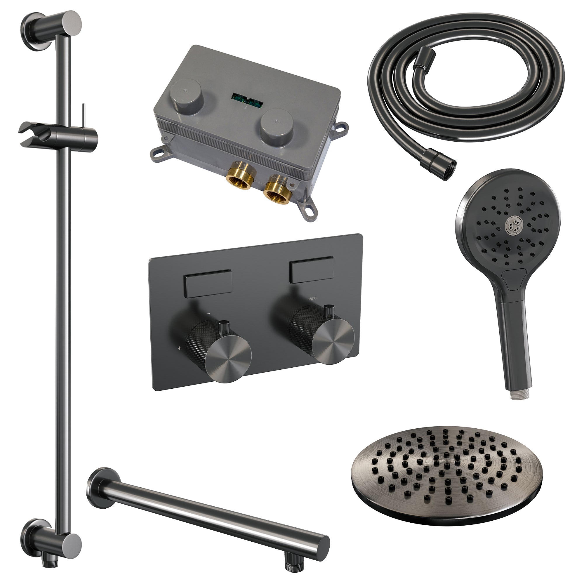 Brauer Carving inbouw doucheset - ronde handdouche - 20cm hoofdouche - rechte wandarm - glijstang - Geborsteld Gunmetal PVD