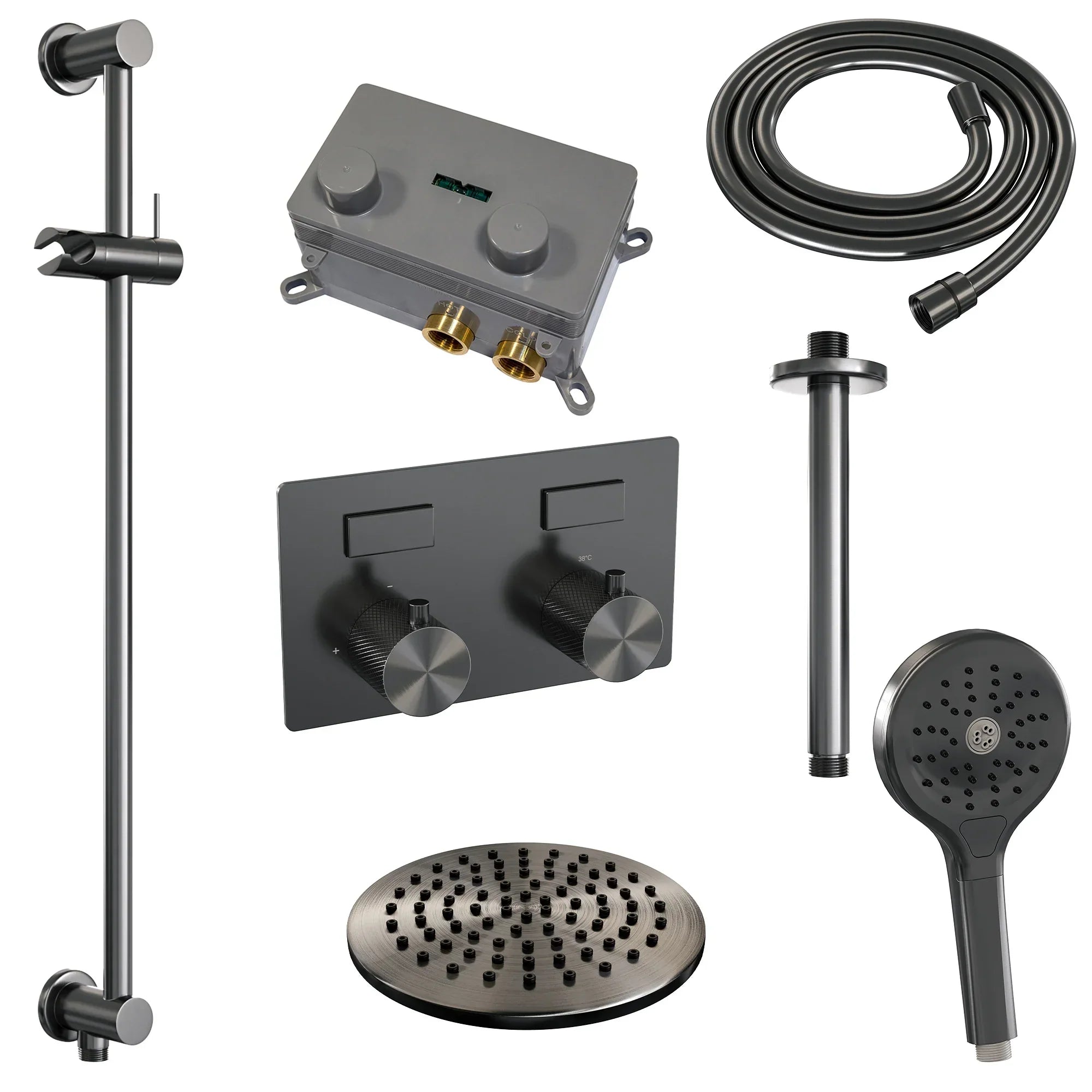 Brauer Carving inbouw doucheset - ronde handdouche - 30cm hoofdouche - plafondbuis - glijstang - Geborsteld Gunmetal PVD