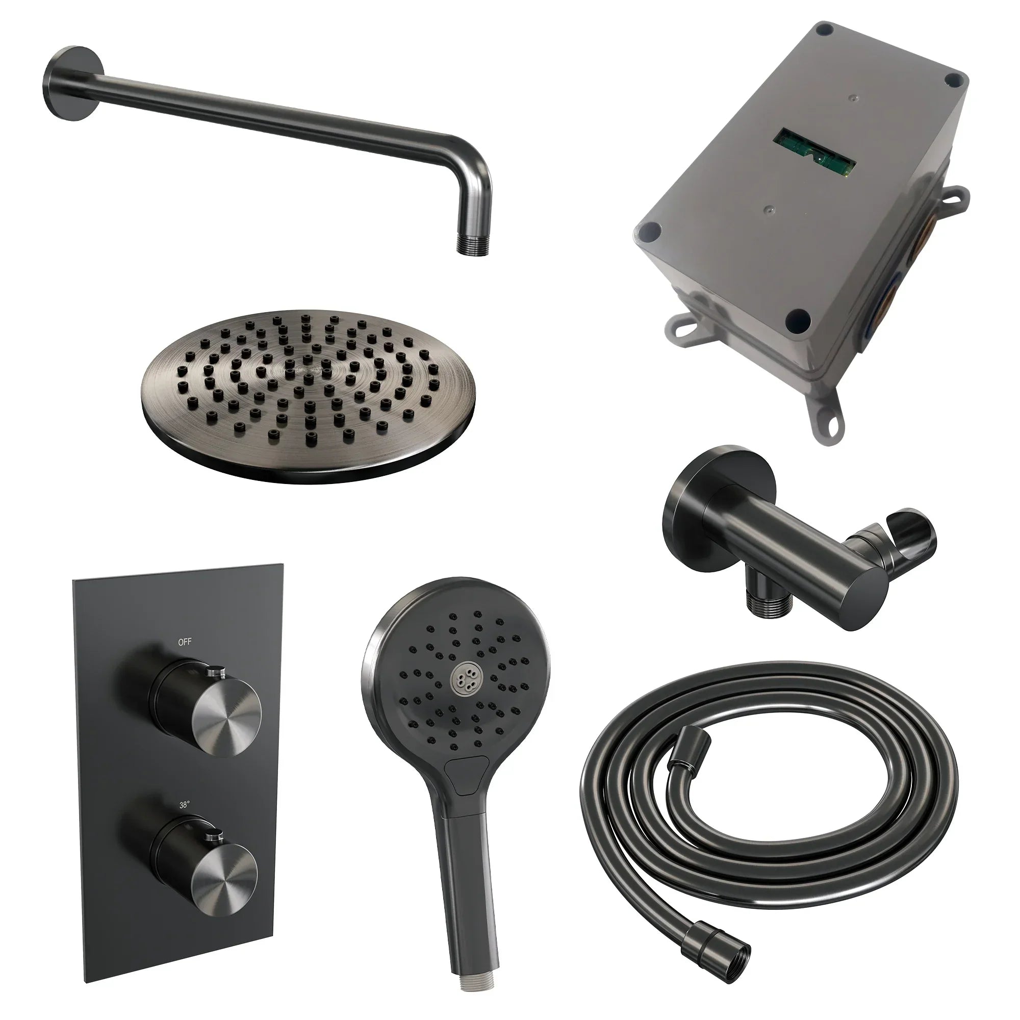 Brauer Edition inbouwset met 3-weg thermostaat - hoofddouche 20cm - gebogen wandarm 40cm - ronde 3-standen handdouche - wandaansluiting - Geborsteld Gunmetal PVD