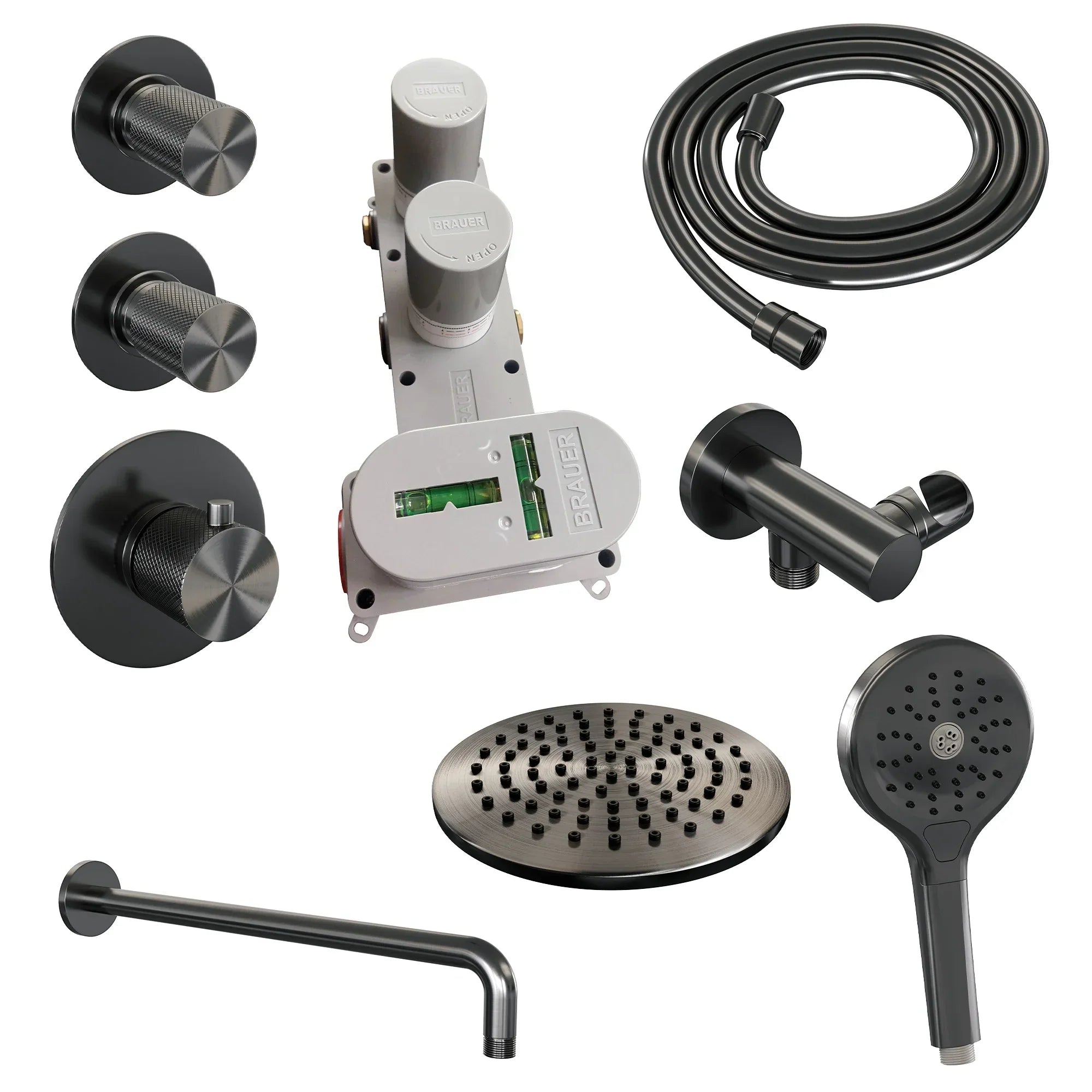 Brauer Carving thermostatische inbouw doucheset - hoofddouche 20cm - gebogen wandarm - 3 standen handdouche rond - Geborsteld Gunmetal PVD