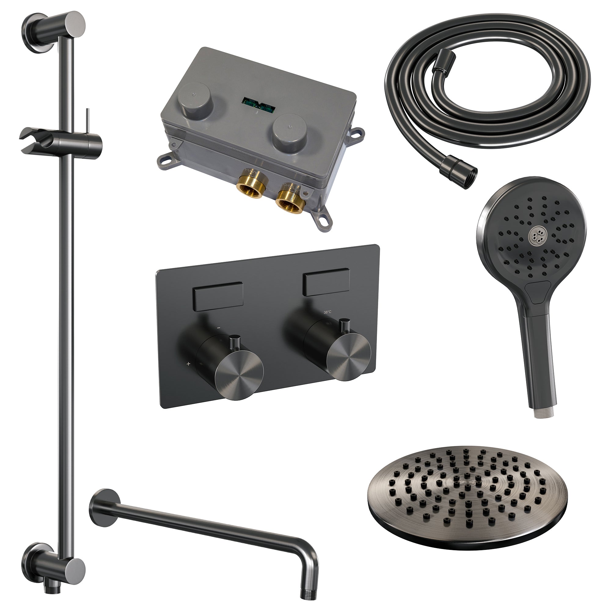 Brauer Edition inbouw doucheset - ronde handdouche - 20cm hoofdouche - gebogen wandarm - glijstang - Geborsteld Gunmetal PVD