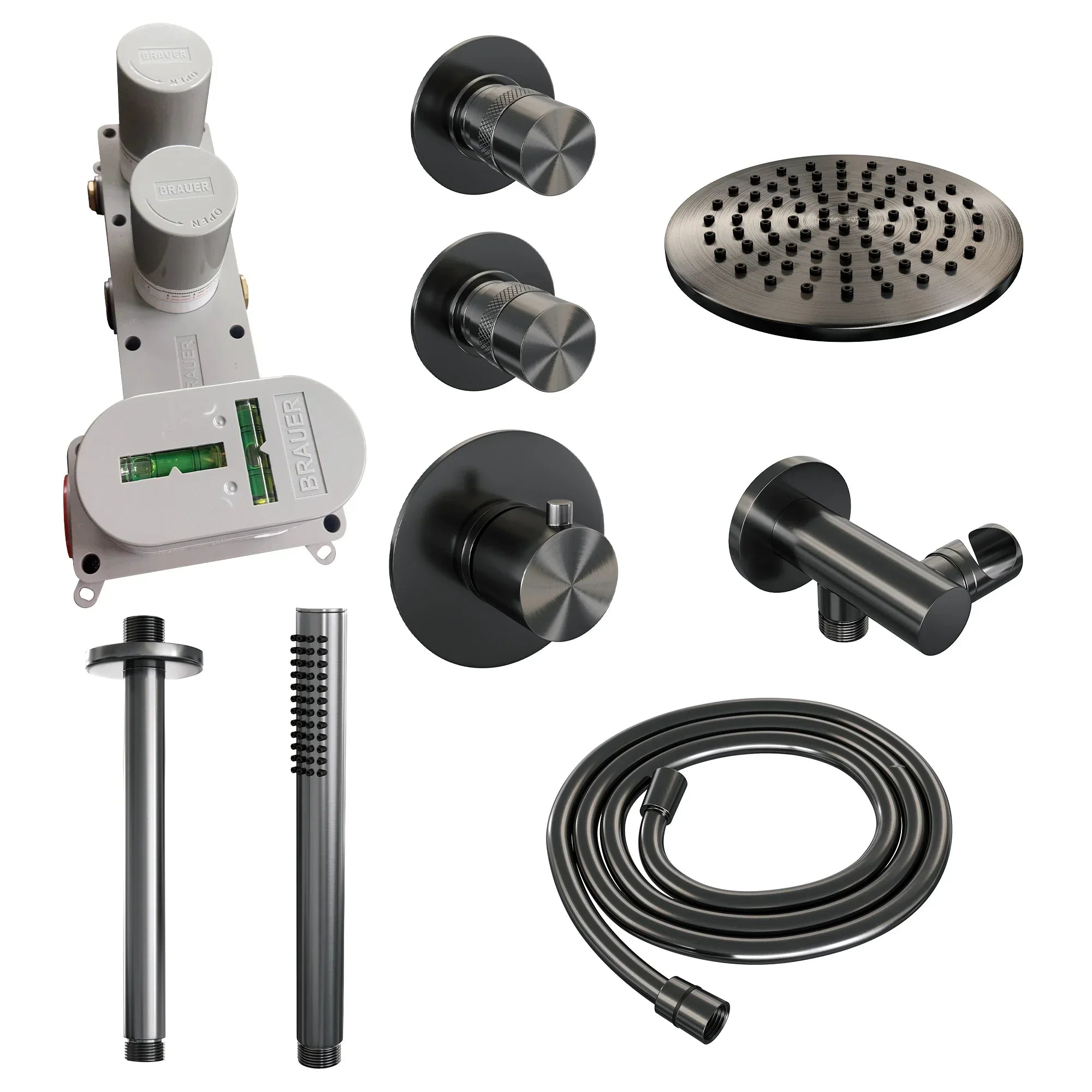 Brauer Edition thermostatische inbouw doucheset - Gunmetal - hoofddouche 20cm - plafondsteun - staafhanddouche