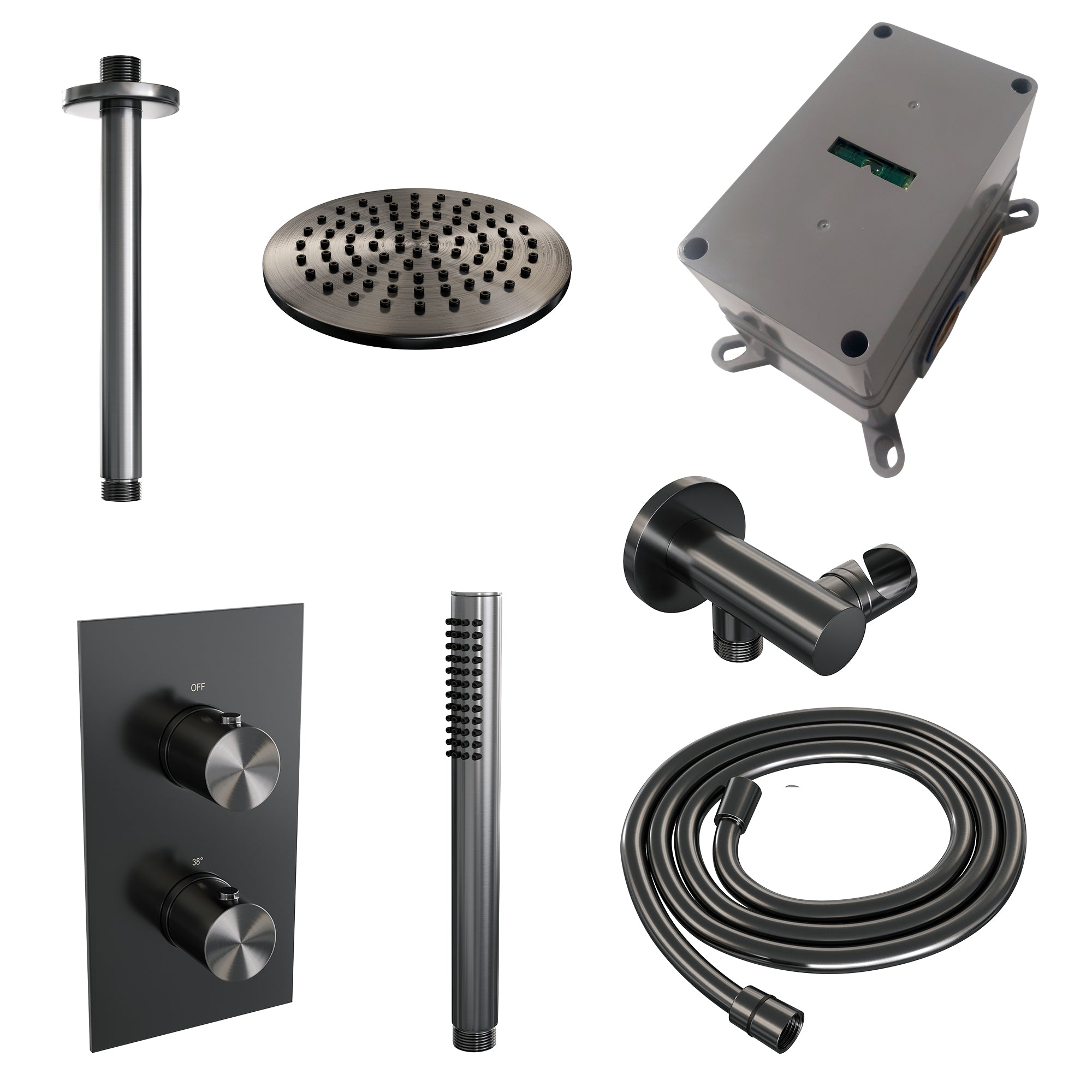 Brauer Edition inbouwset met 3-weg thermostaat - hoofddouche 20cm - plafondbuis 20cm - staafhanddouche - wandaansluiting - Geborsteld Gunmetal PVD