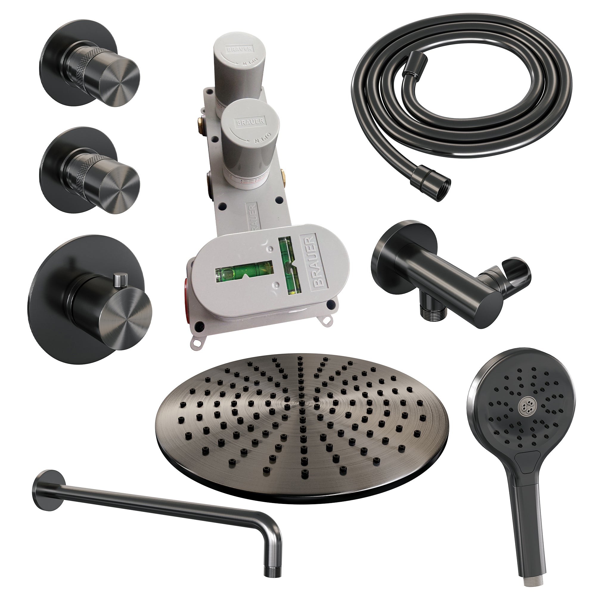 Brauer Edition thermostatische inbouw doucheset - hoofddouche 30cm - wandarm gebogen - staafhanddouche - Geborsteld Gunmetal PVD