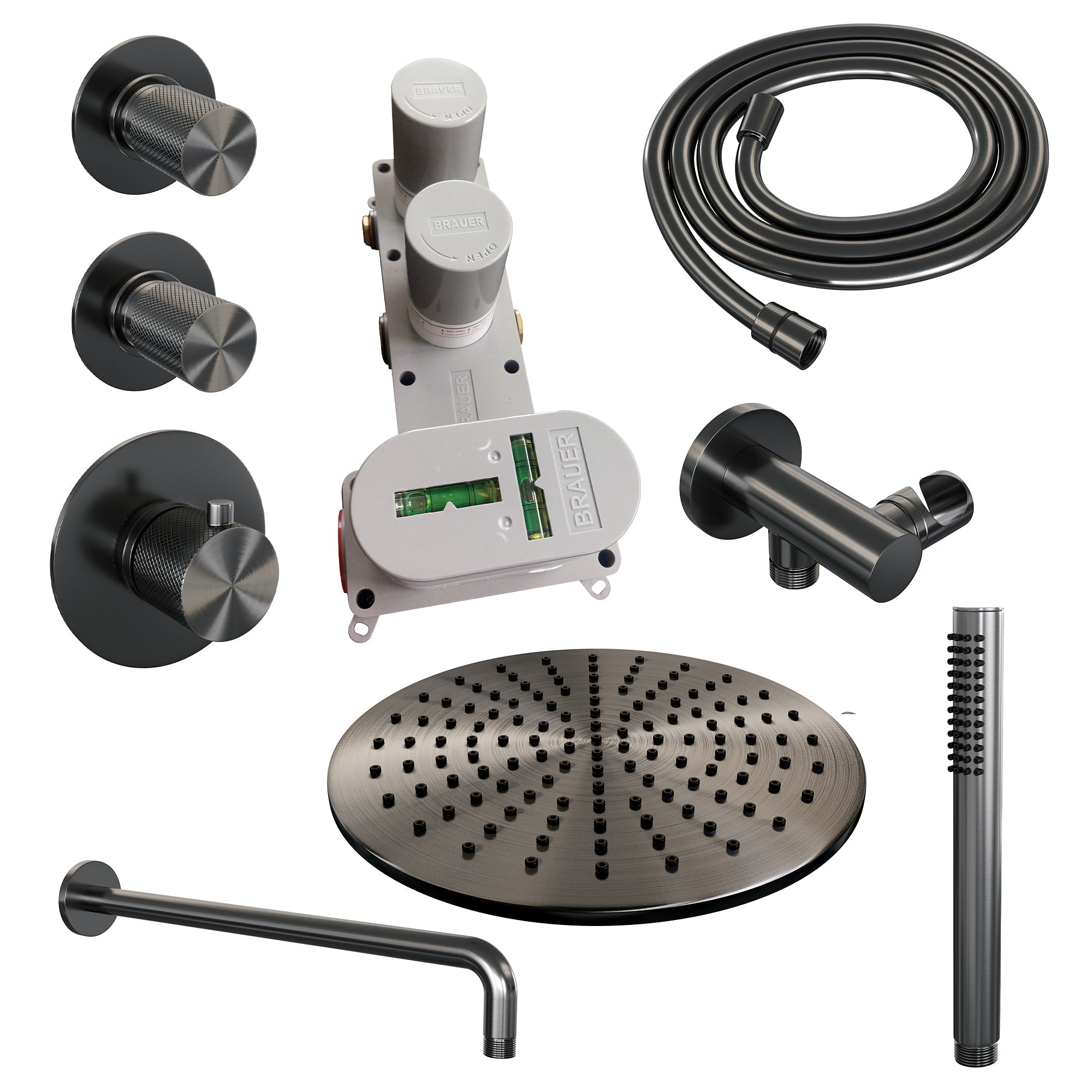 Brauer Carving thermostatische inbouw doucheset - hoofddouche 30cm - gebogen wandarm - staafhanddouche - Geborsteld Gunmetal PVD