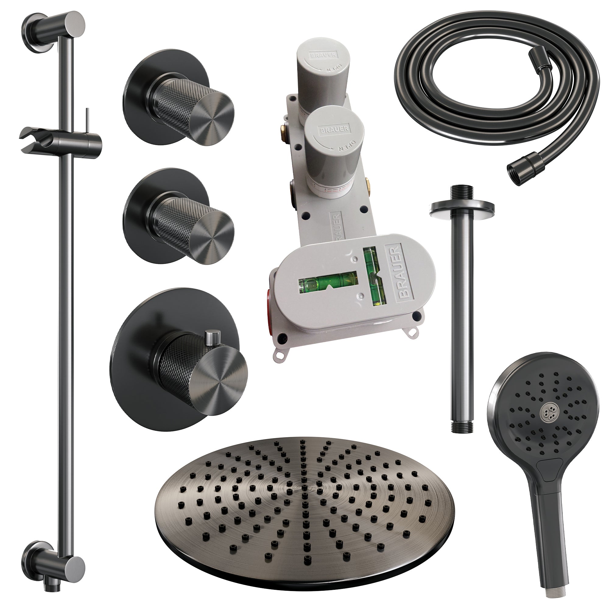 Brauer Carving thermostatische inbouw doucheset - hoofddouche 30cm - plafondbuis - 3 standen handdouche rond - Glijstang - Geborsteld Gunmetal PVD
