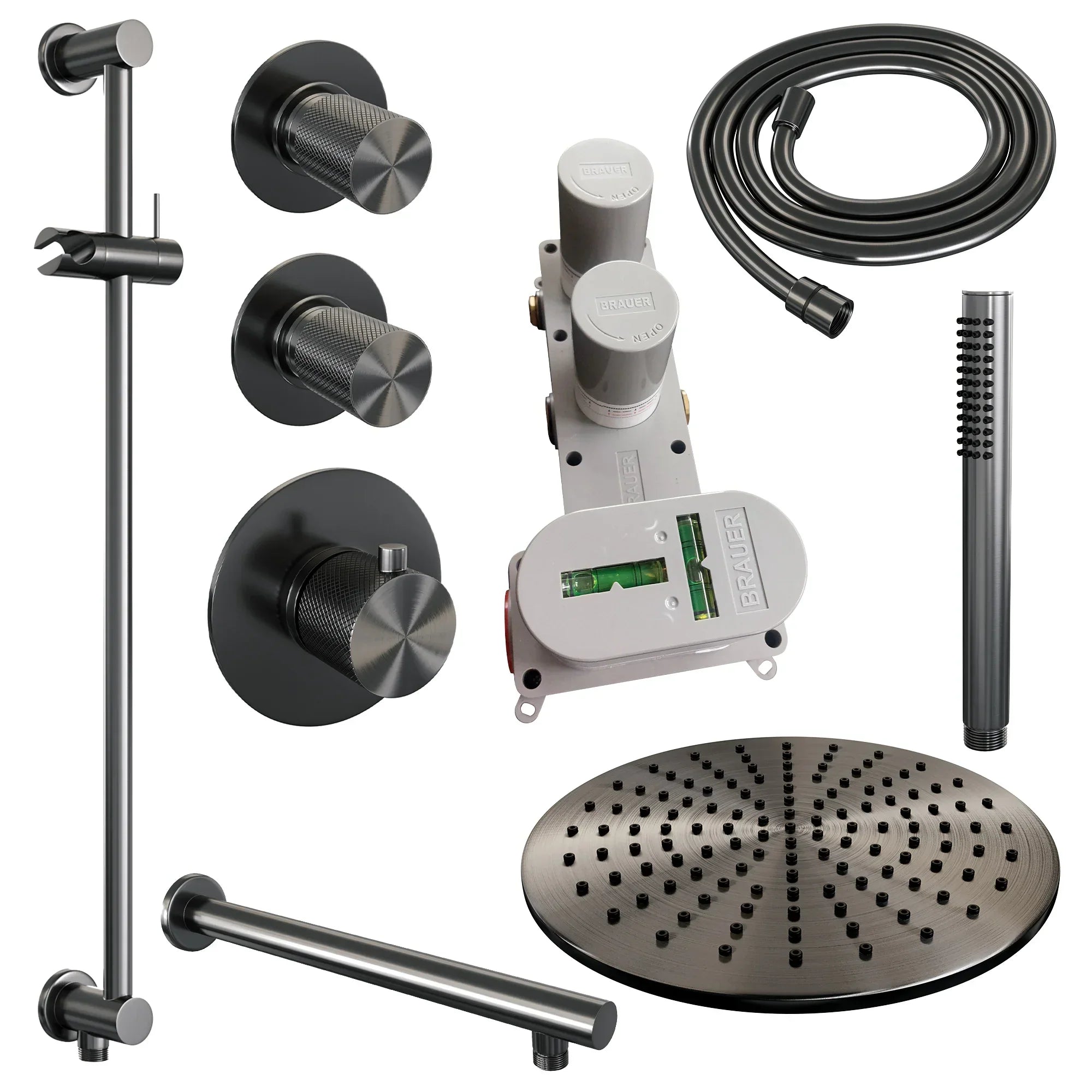 Brauer Carving thermostatische inbouw doucheset - hoofddouche 30cm - rechte wandarm - staafhanddouche - Glijstang - Geborsteld Gunmetal PVD