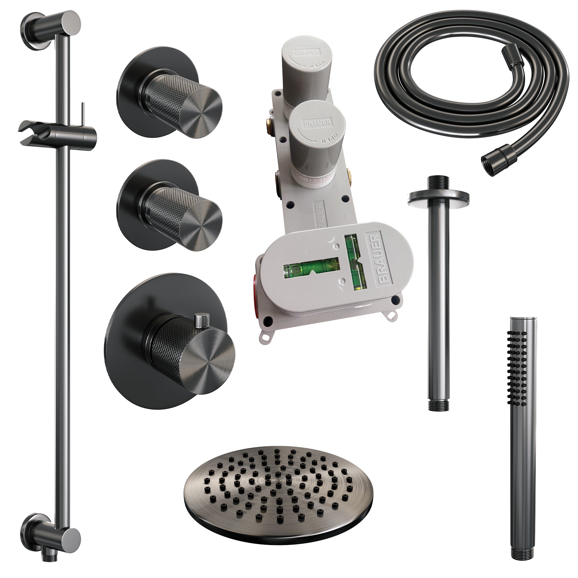Brauer Carving thermostatische inbouw doucheset - hoofddouche 20cm - plafondbuis - staafhanddouche - Glijstang - Geborsteld Gunmetal PVD