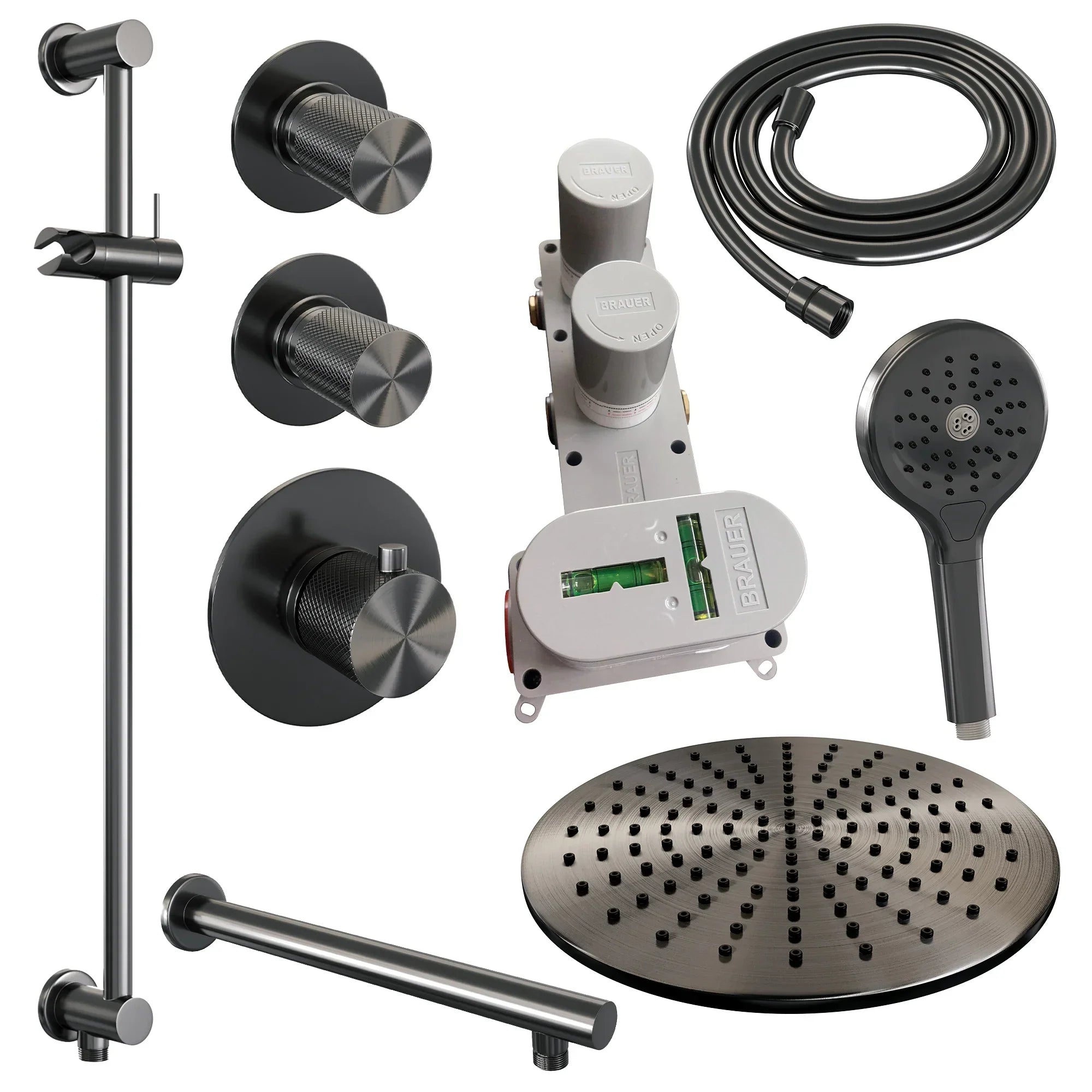 Brauer Carving thermostatische inbouw doucheset - hoofddouche 30cm - rechte wandarm - 3 standen handdouche rond - Glijstang - Geborsteld Gunmetal PVD